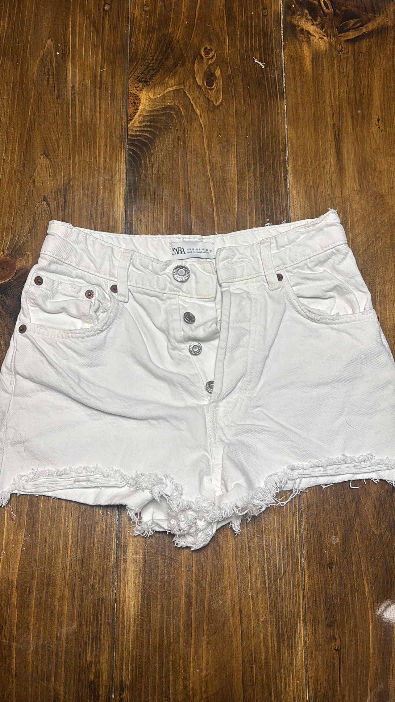 Zara White Denim Shorts with Frayed Hem