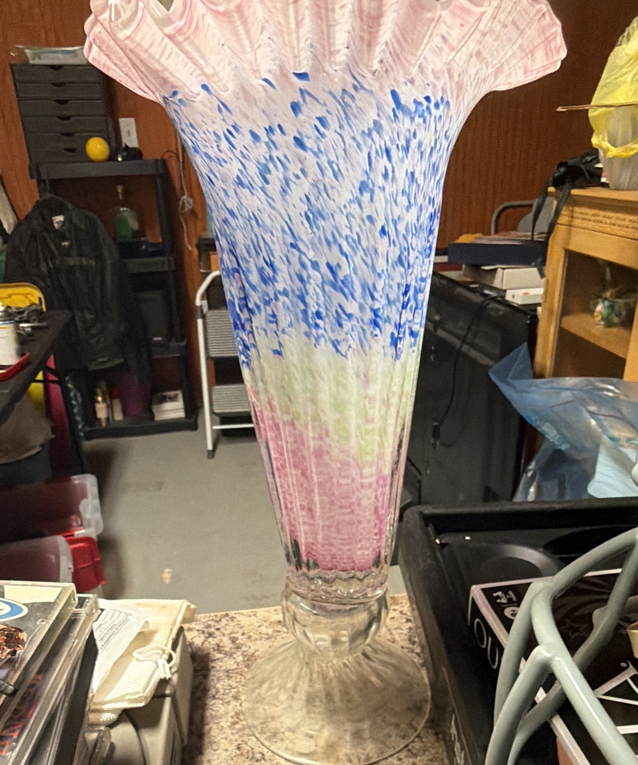 Vintage Hand-Blown Spatter Art Glass Trumpet Vase