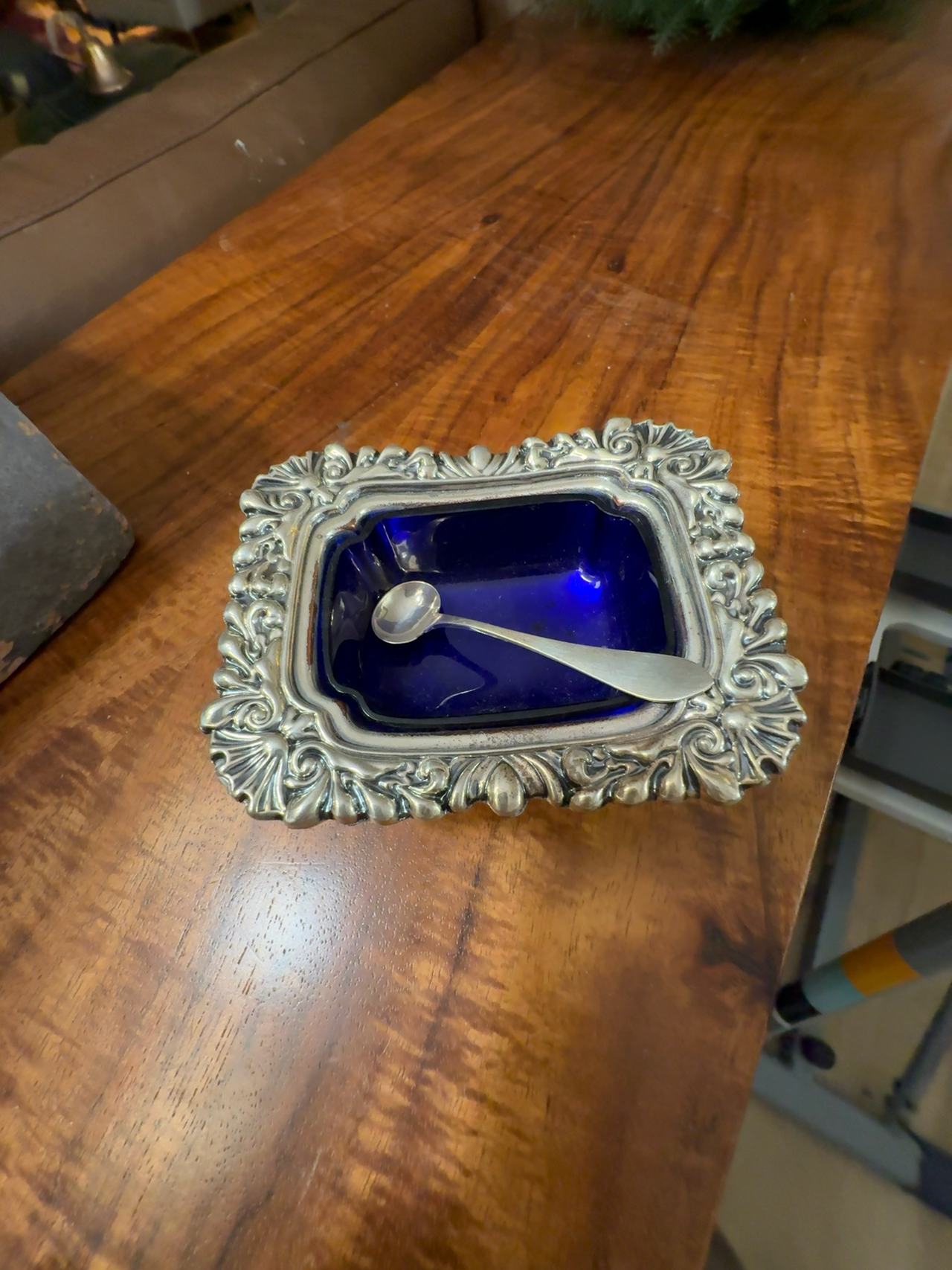 English Silver Plate Salt Cellar with Cobalt Liner