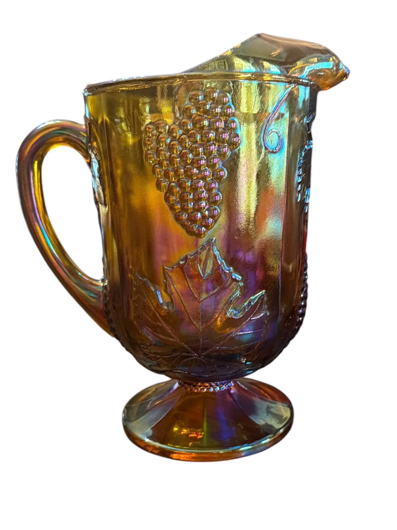 Northwood Marigold Carnival Glass Grape and Cable Pitcher