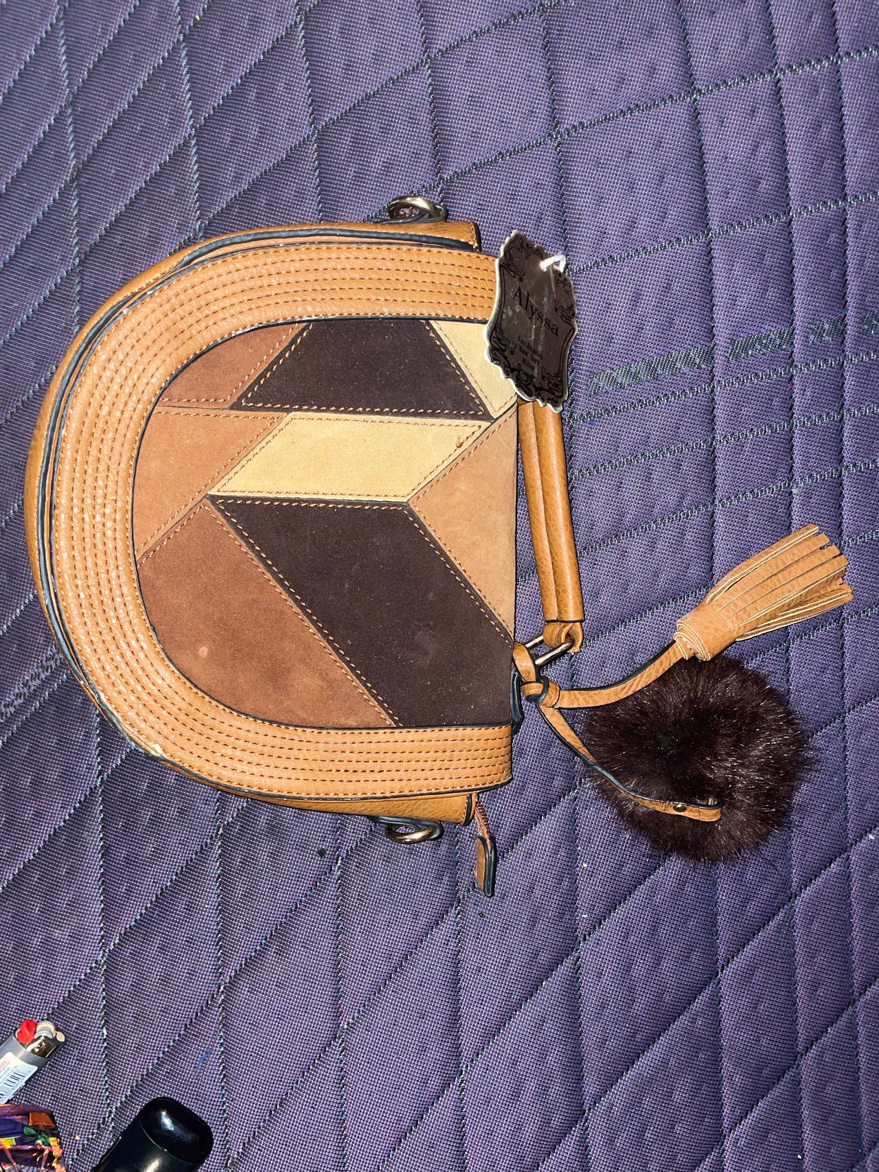 Alyssa Patchwork Saddle Bag with Tassel and Pom Pom