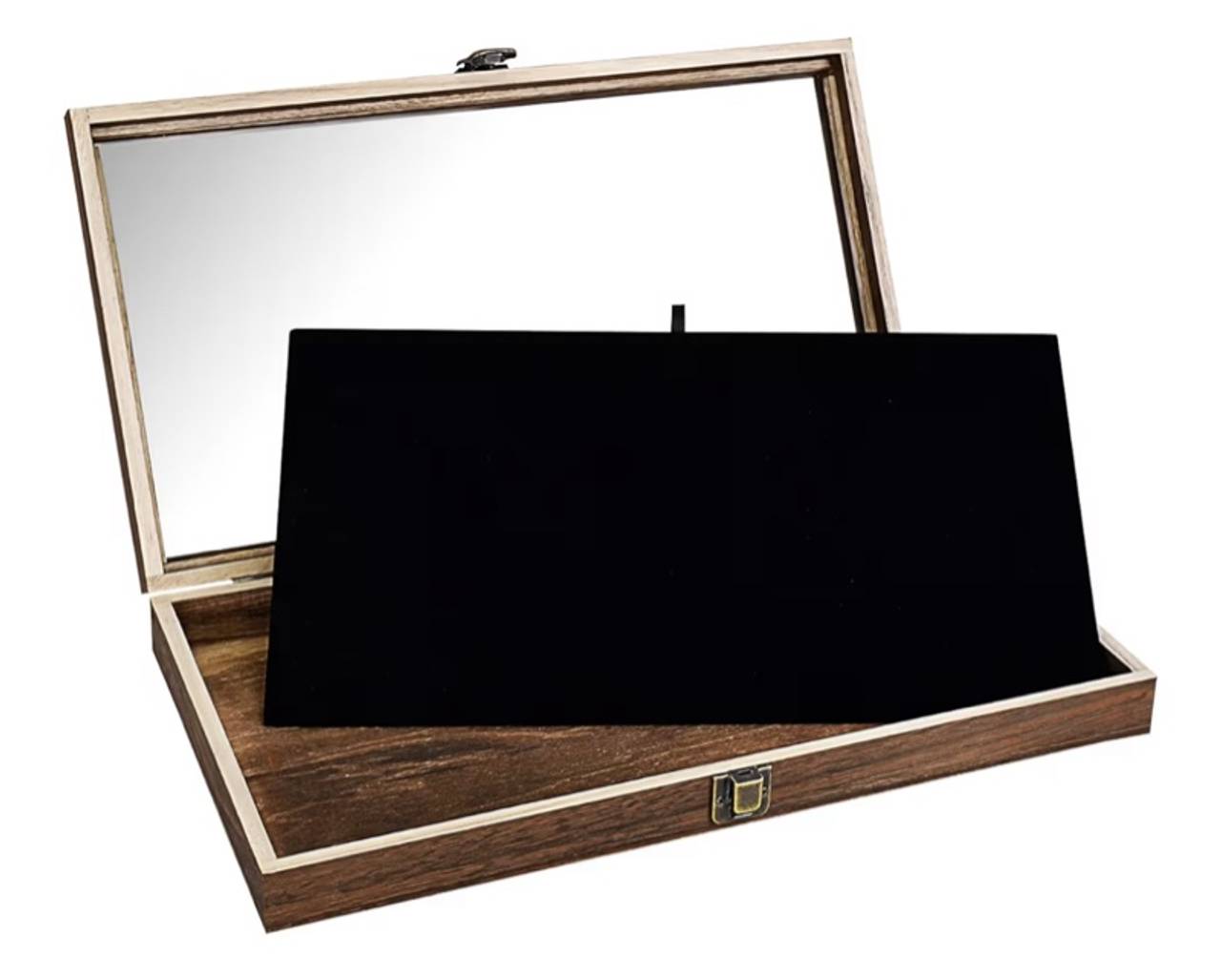 MOOCA Wooden Jewelry Display Case with Tempered Glass Lid and Removable Black