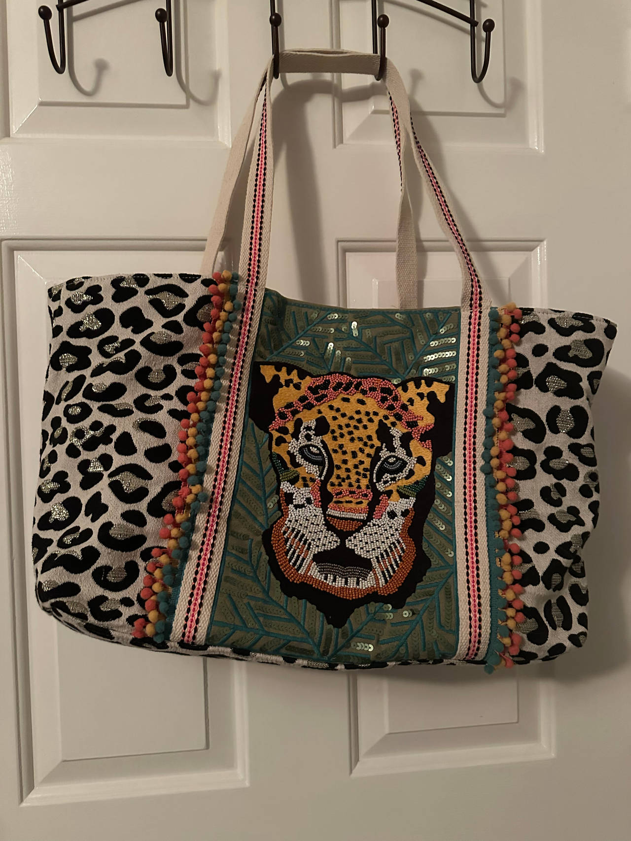 America & Beyond Leopard Beaded Tote Bag