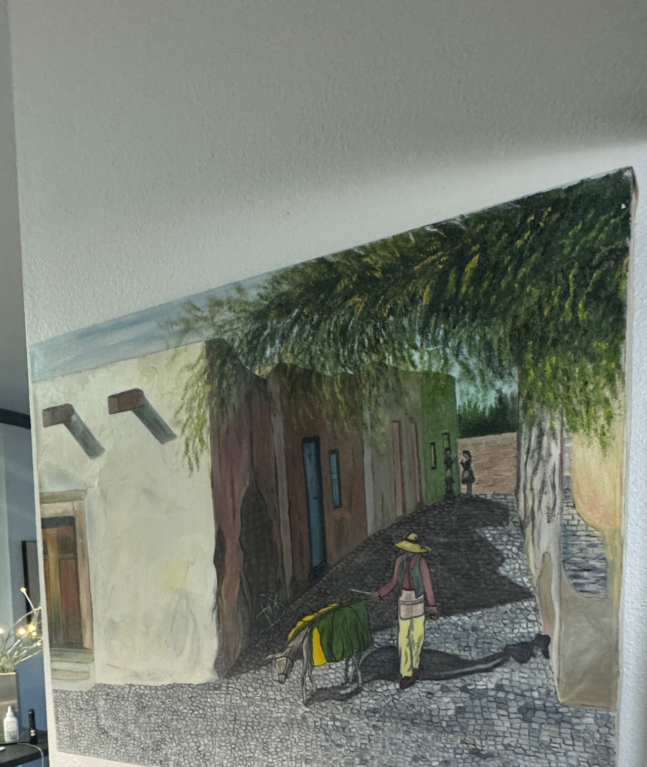 Original Village Street Scene Painting on Canvas