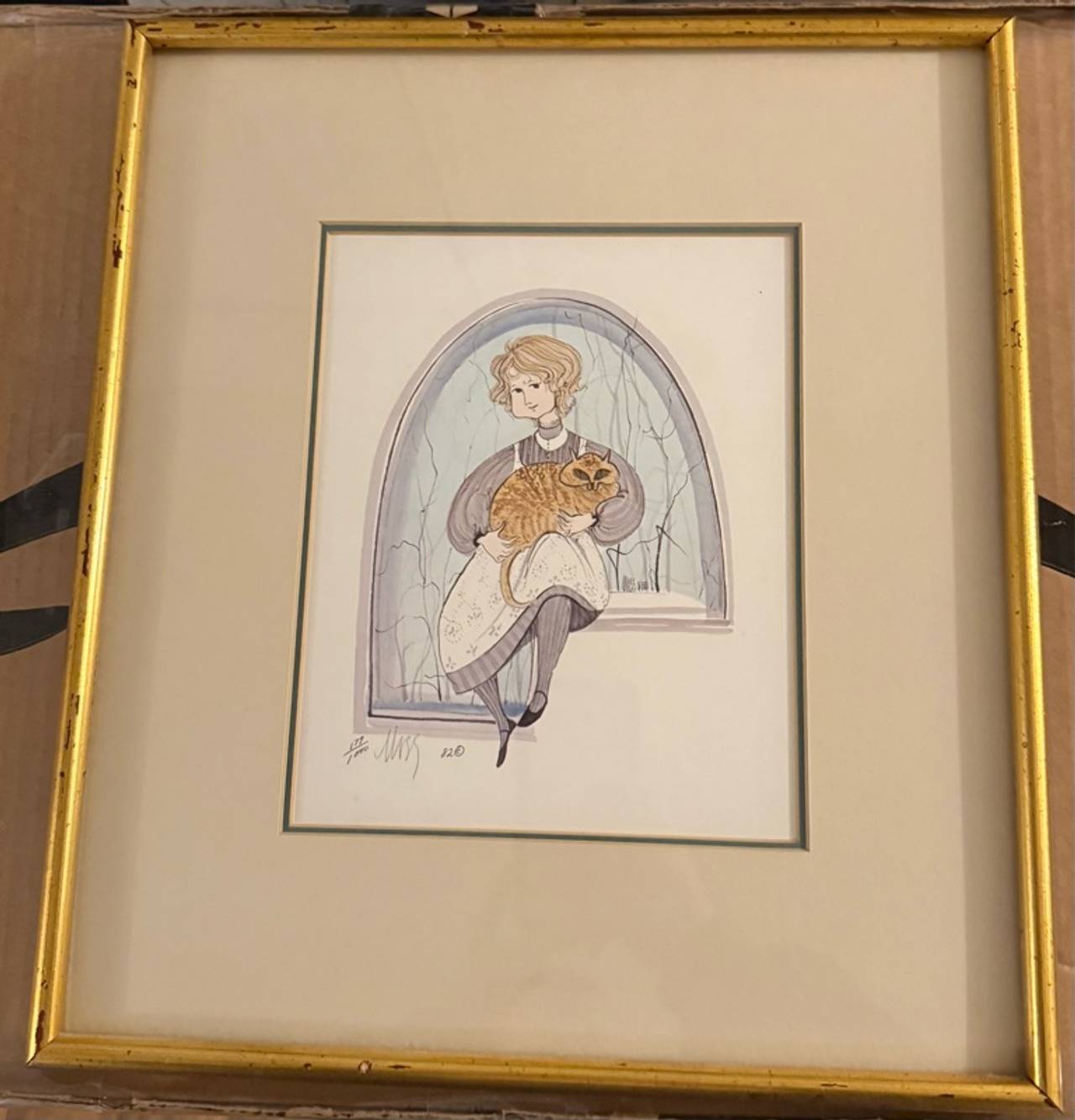 P. Buckley Moss Girl with Orange Tabby Cat Lithograph