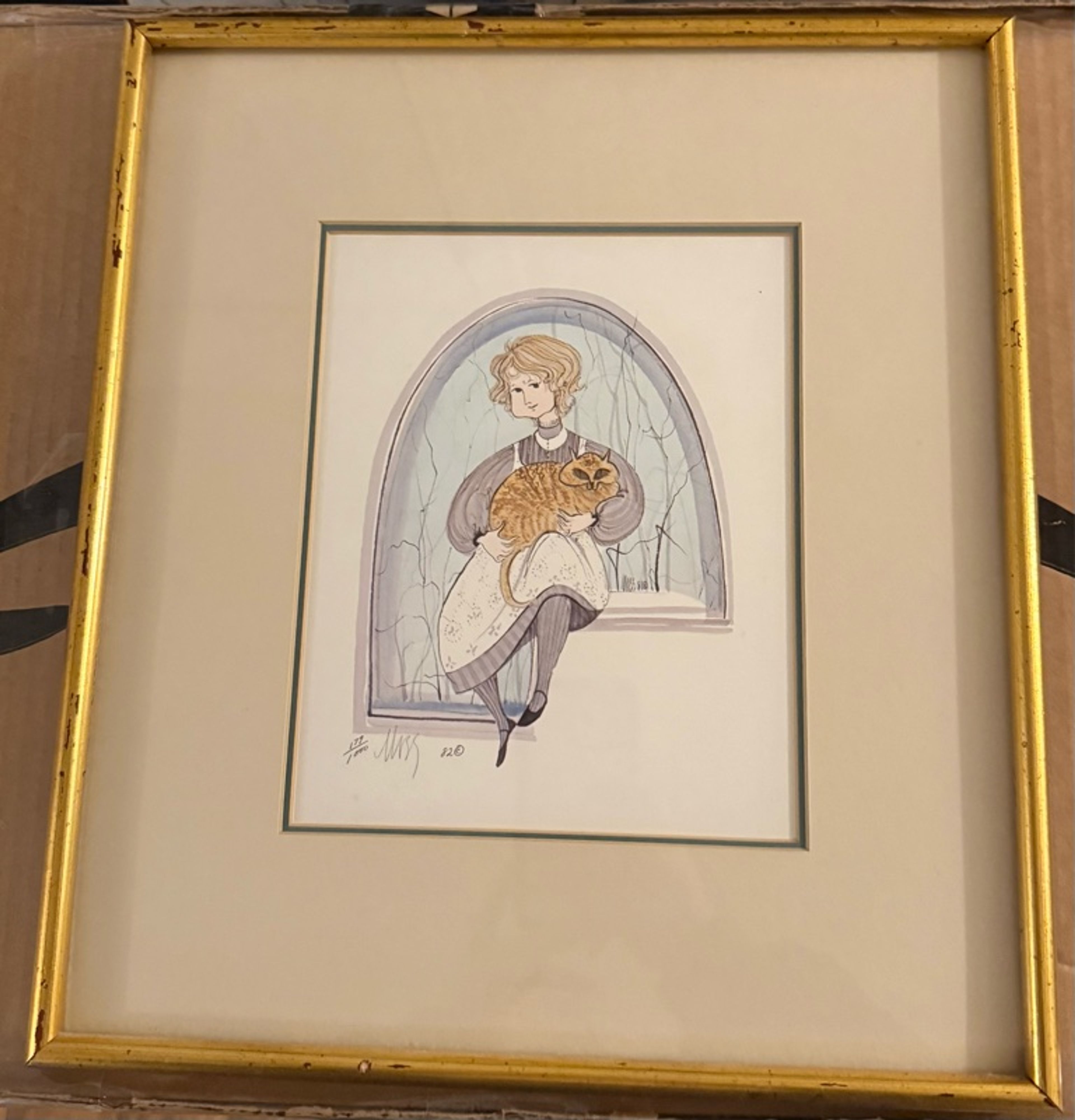 P. Buckley Moss Girl with Orange Tabby Cat Lithograph