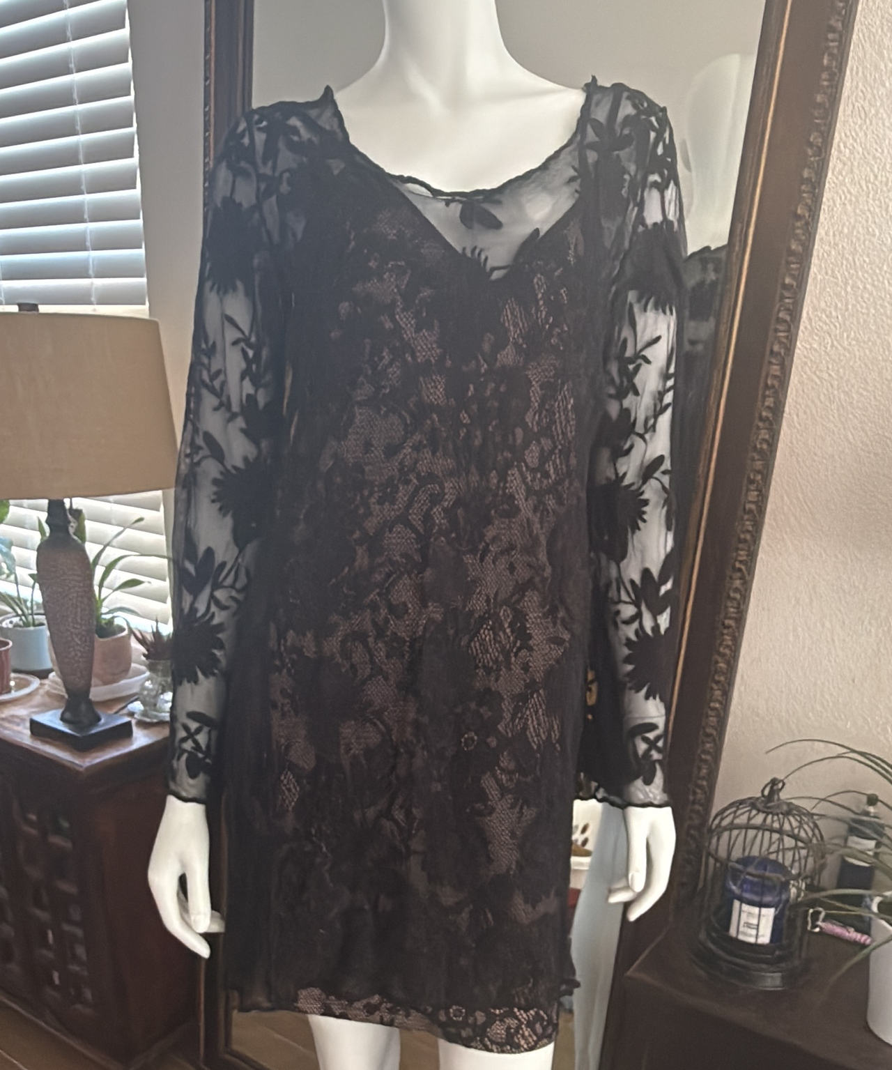 Black Floral Lace Overlay Dress with Nude Lining