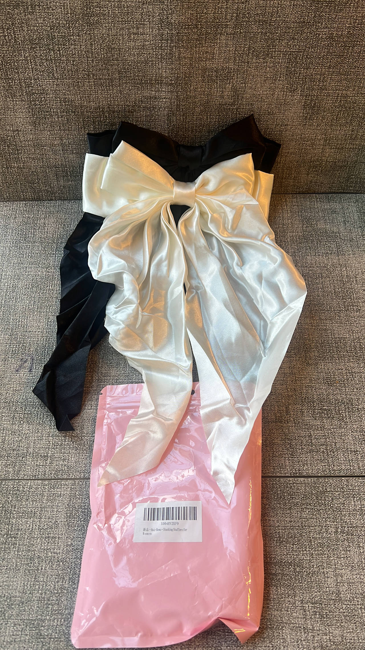 2 Oversized Satin Bows Hair Clip with Long Tails, 1 black, 1 white NEW