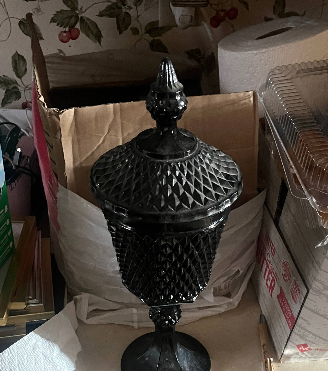 Indiana Glass Tiara Diamond Point Black Candy Dish