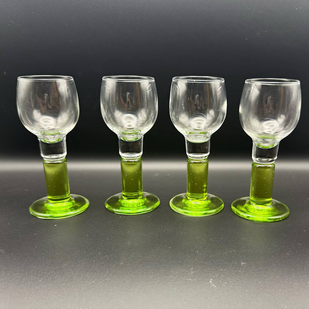 Vintage Green Stem Etched Cordial Glasses