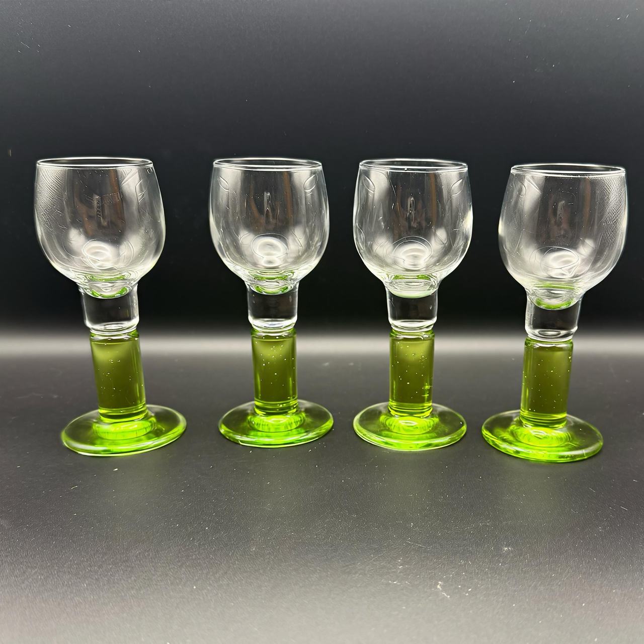 Vintage Green Stem Etched Cordial Glasses