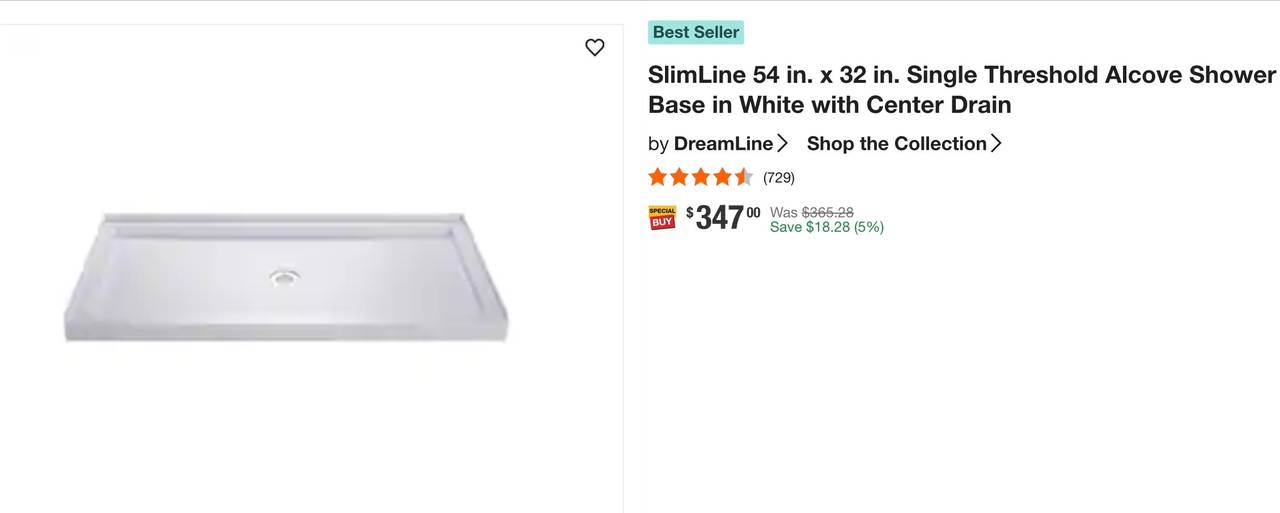 DreamLine SlimLine 54 in. x 32 in. Single Threshold Alcove Shower Base in White with Center Drain