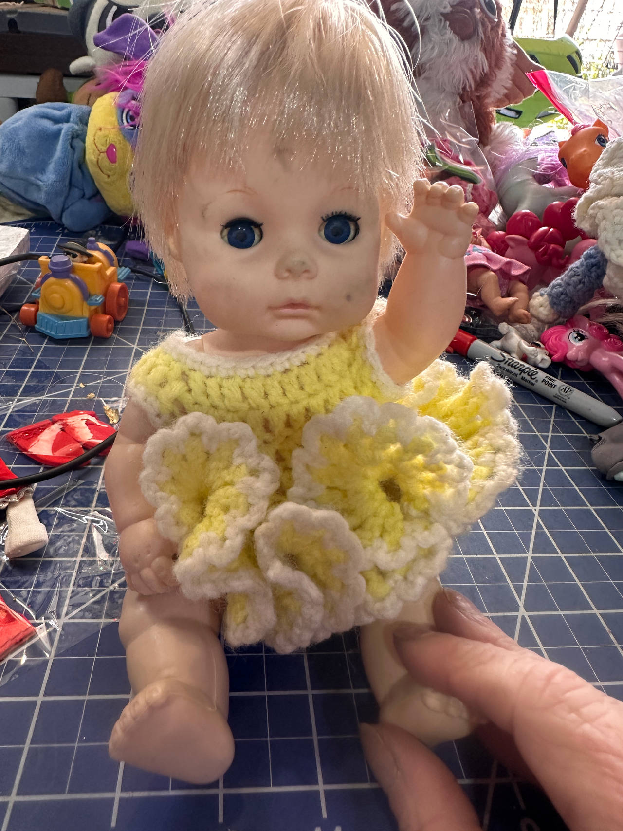 Vintage BABY DOLL crochet ruffle dress yellow white black