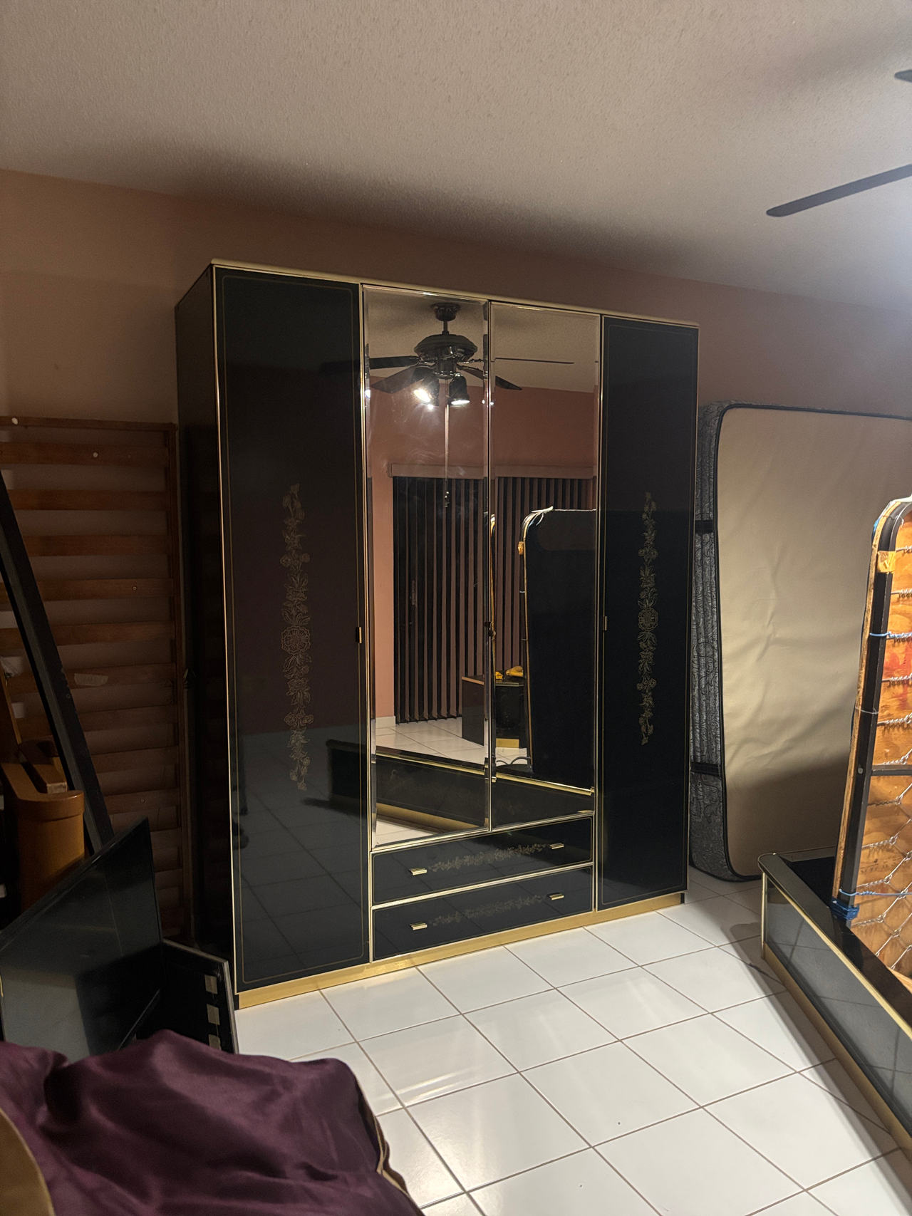 Vintage Black and Gold Lacquer Wardrobe Armoire