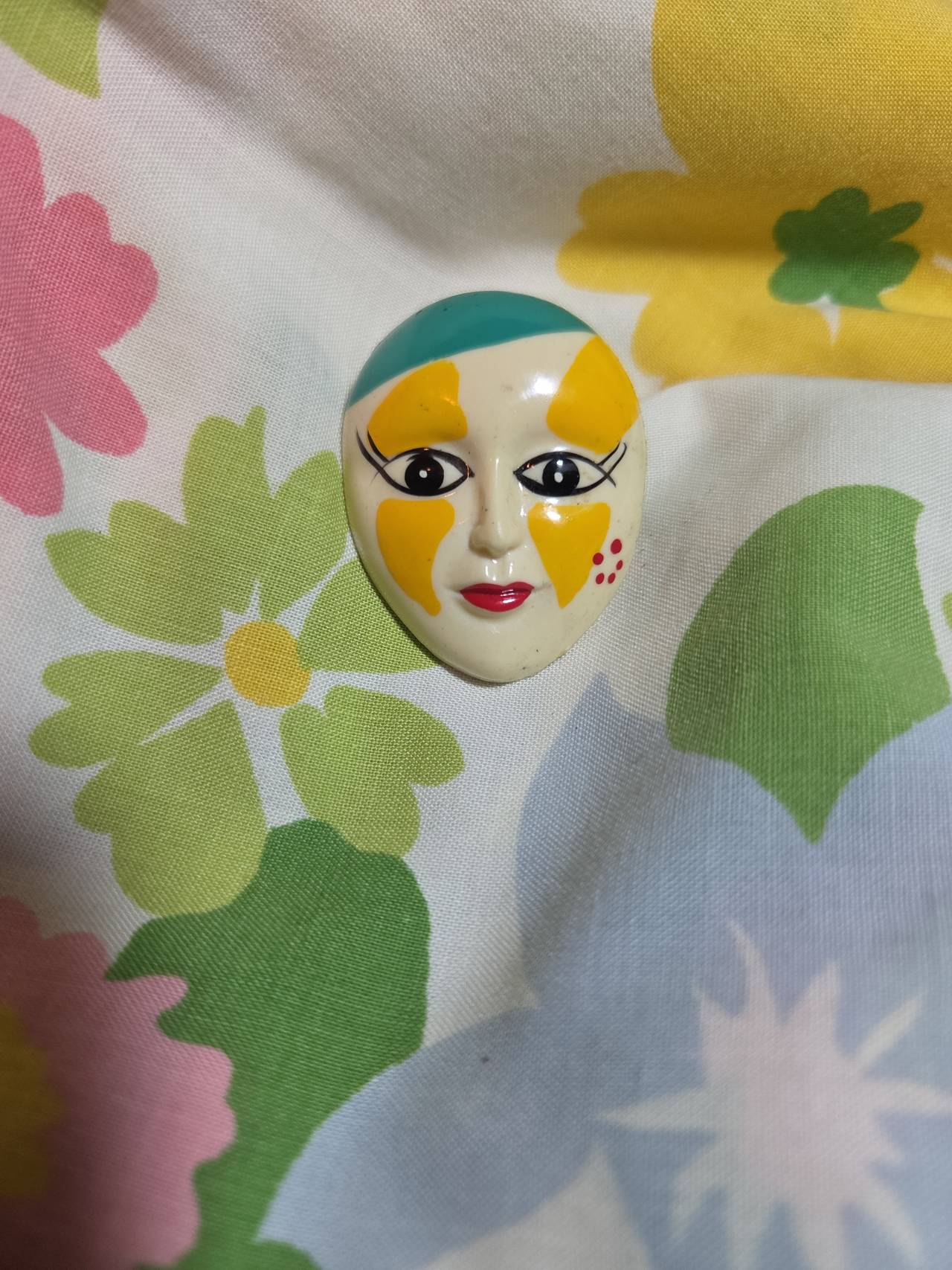 Vintage Ceramic Harlequin Mask Brooch