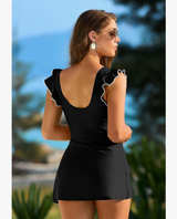 SHEKINI Elegant Ruffle Women One Piece Size XL Swimdress V Neck Swimsuits Black - Image 2