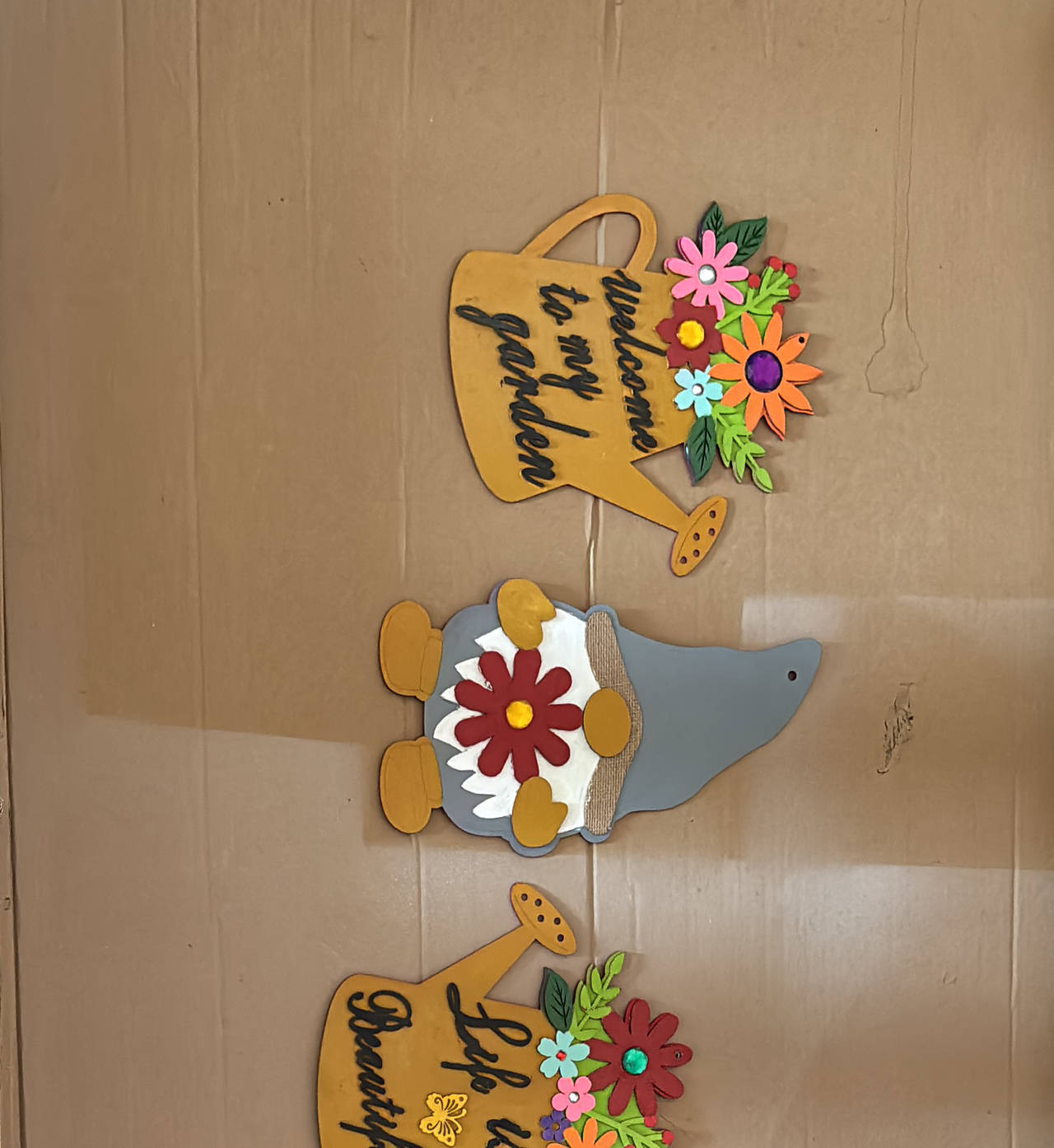 Wooden Garden Gnome and Watering Can Wall Decor Set