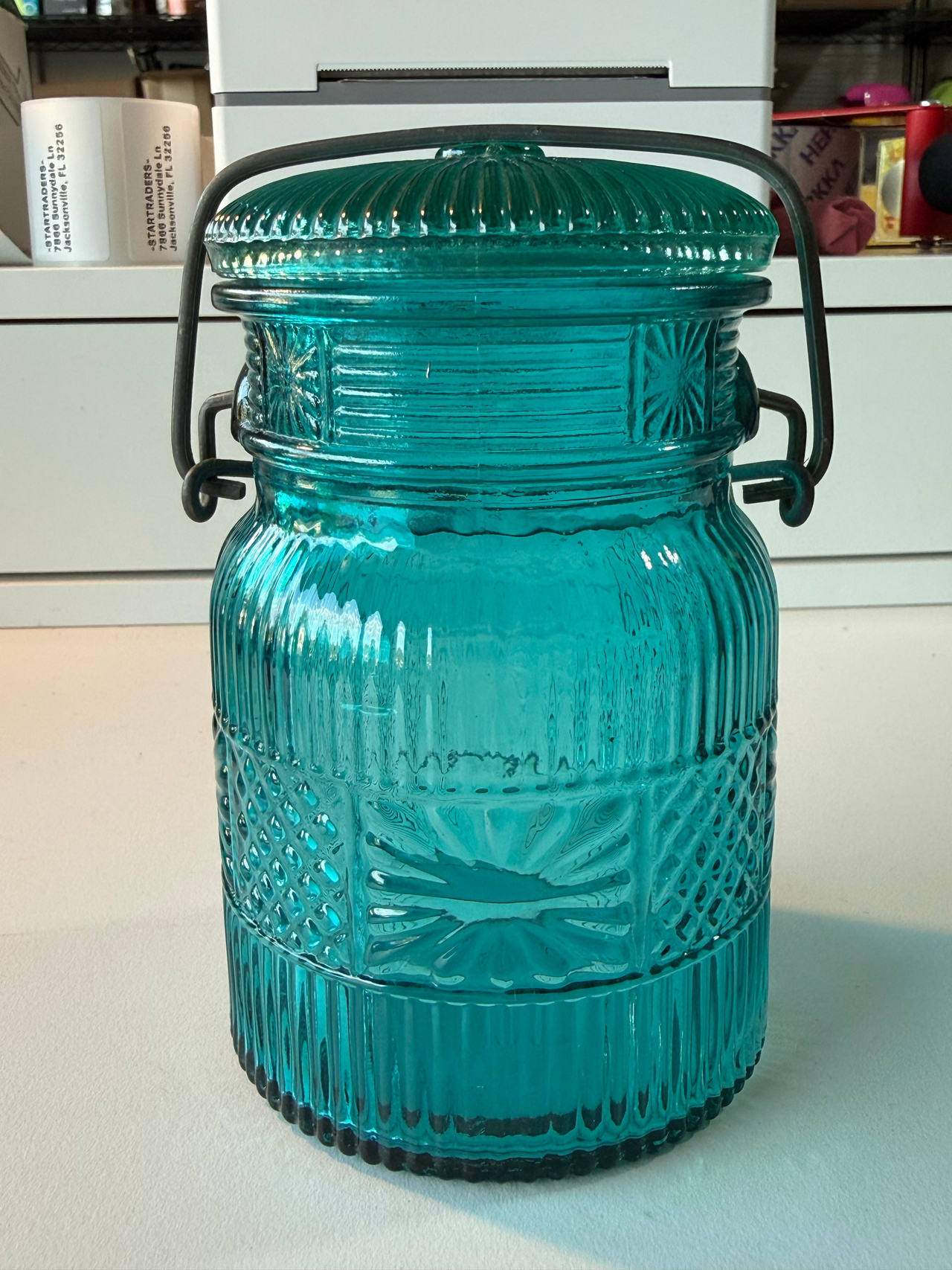 Mason Collectible Teal Glass Jar with Wire Bail Clamp-On Lid by AVON