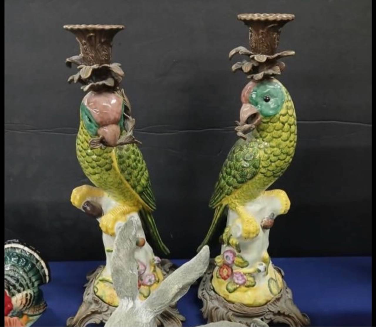 French Porcelain Parrot Candlestick Pair
