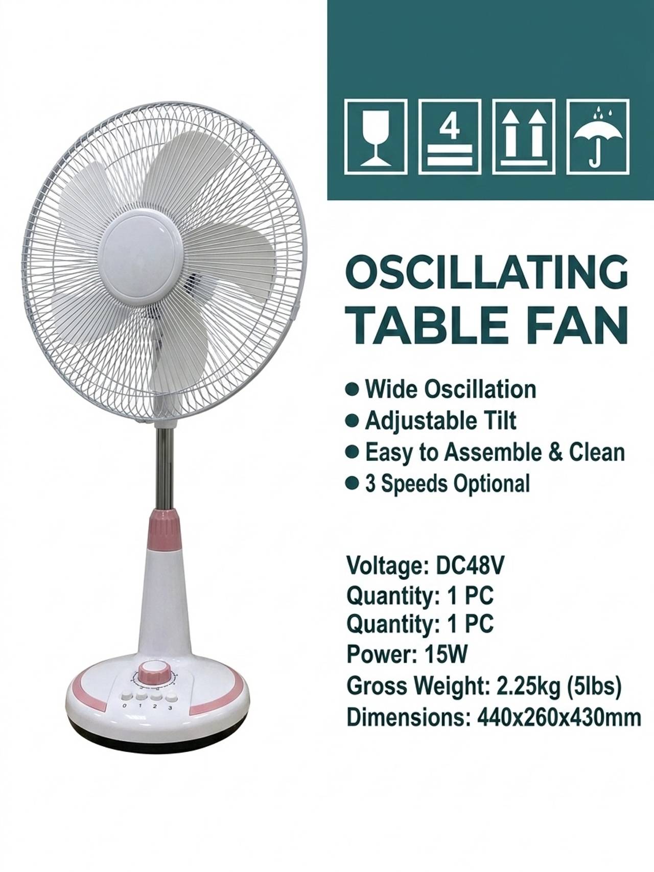 48V DC Oscillating Table Fan - 15W 3-Speed