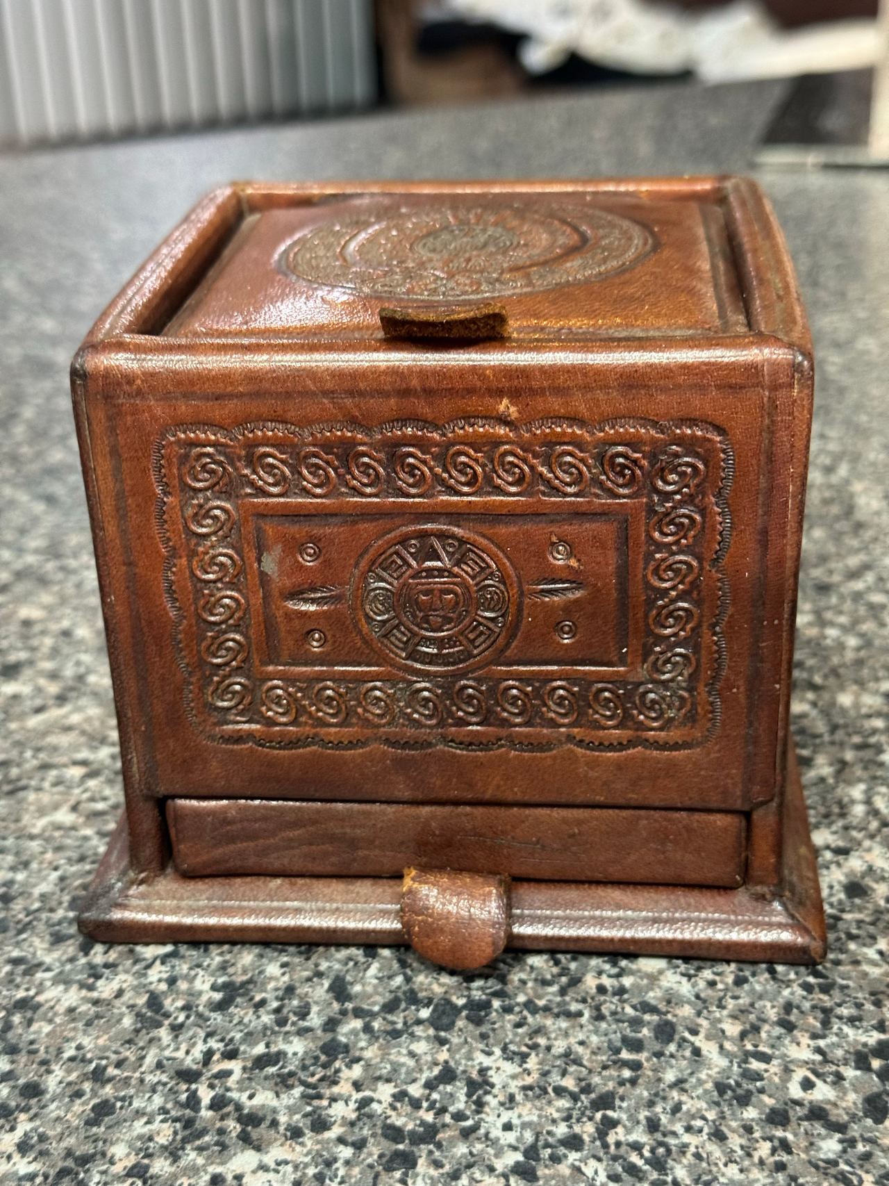Vintage Tooled Leather Aztec Calendar Box