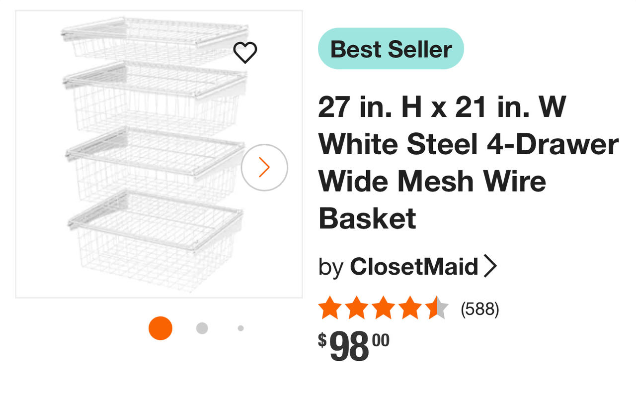 White Steel 5-Drawer Wide Mesh Wire Basket wall storage closet system