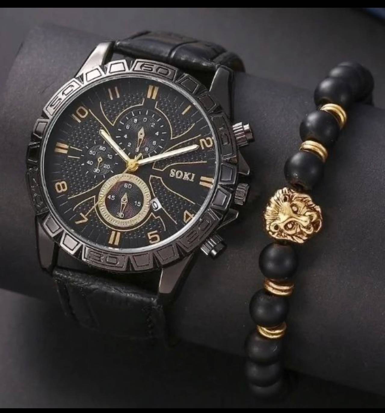 SOKI Men's Quartz Watch and Lion Bracelet Set