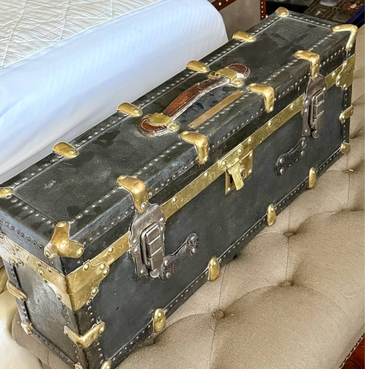 Antique USDA Office of Public Roads Field Trunk Brass Leather Federal Works WWII