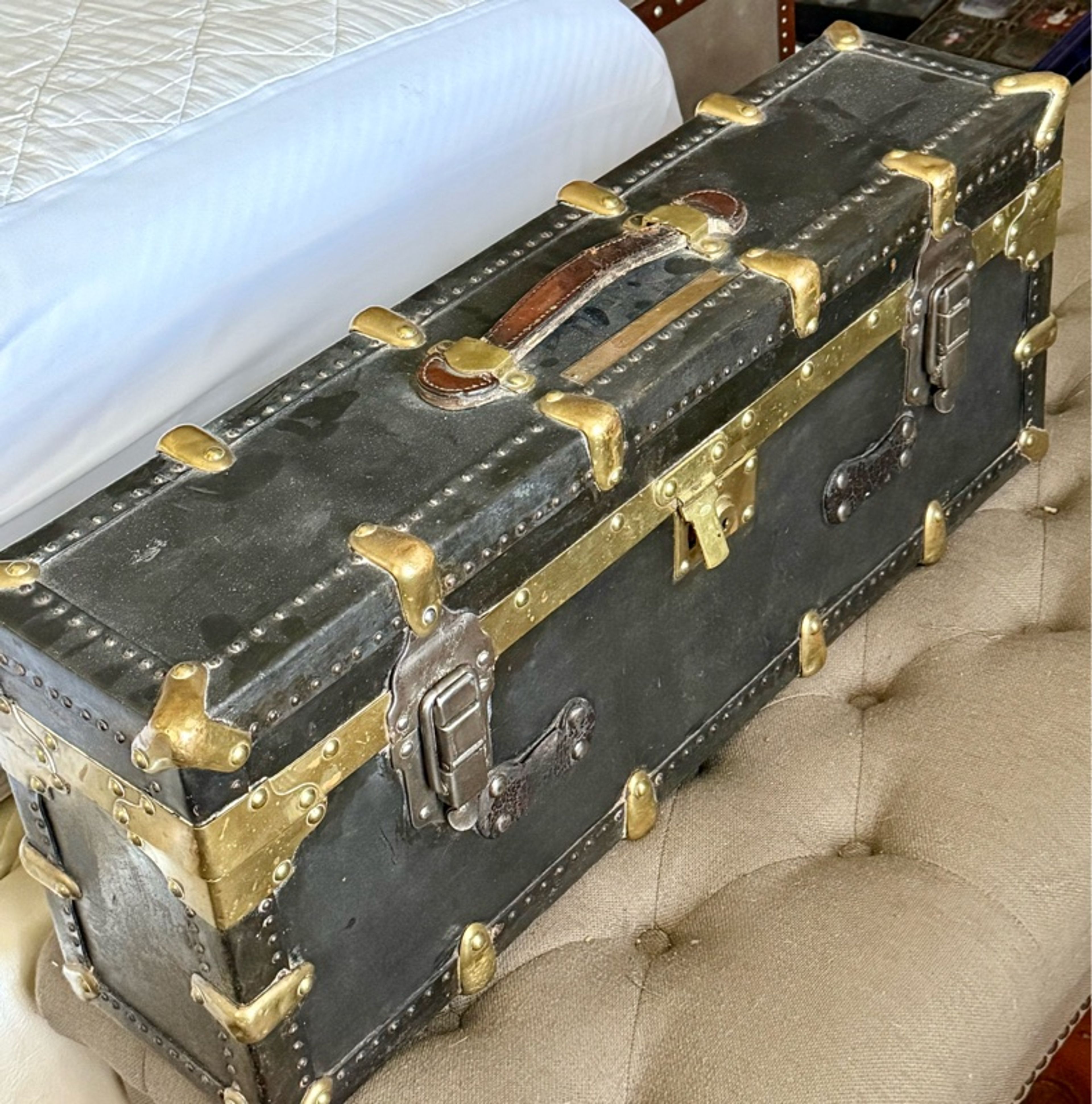 Antique USDA Office of Public Roads Field Trunk Brass Leather Federal Works WWII