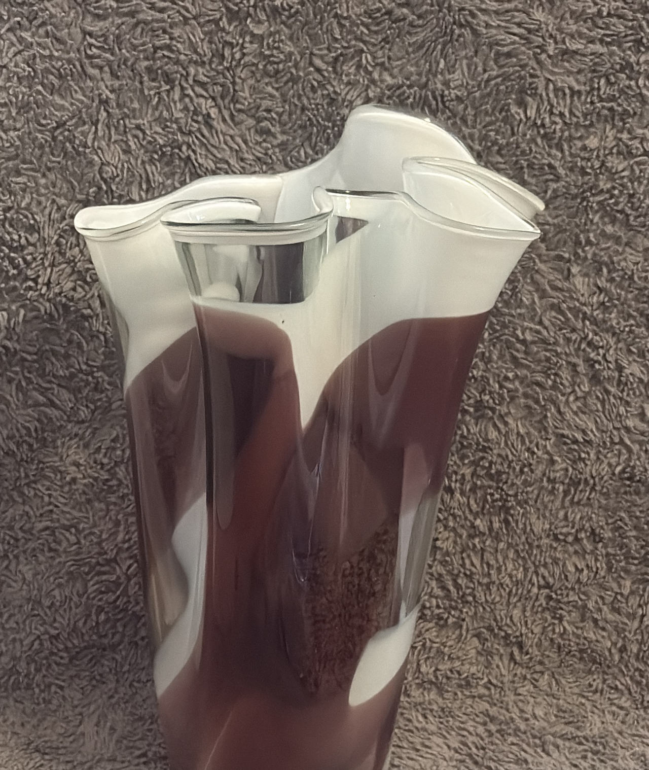 Hand Blown Polish Art Glass Amber & White Swirl Handkerchief Vase