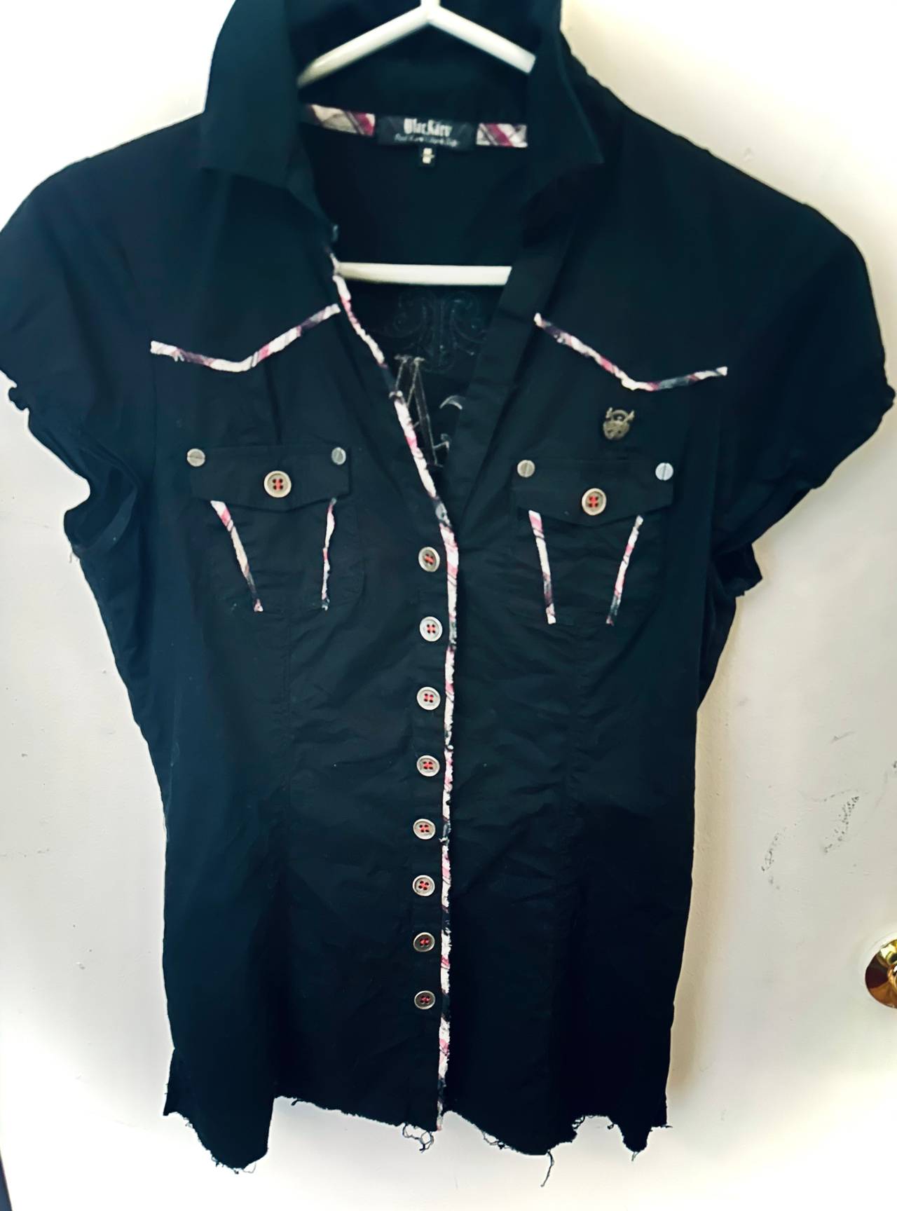 KARV Black Kaviar Short Sleeve Plaid Trim Shirt