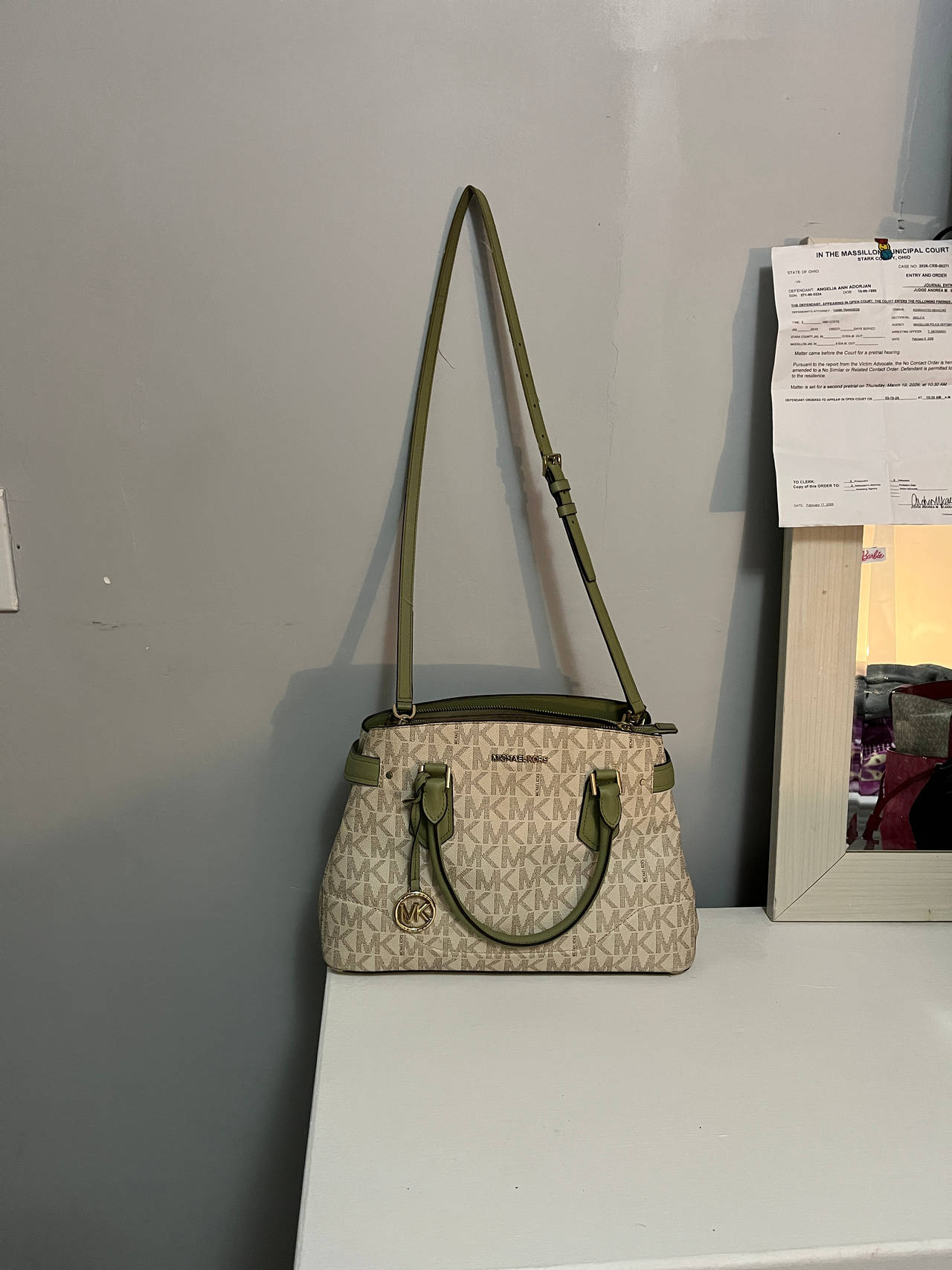 Michael Kors Ciara Medium Messenger Satchel Logo Print Green Trim
