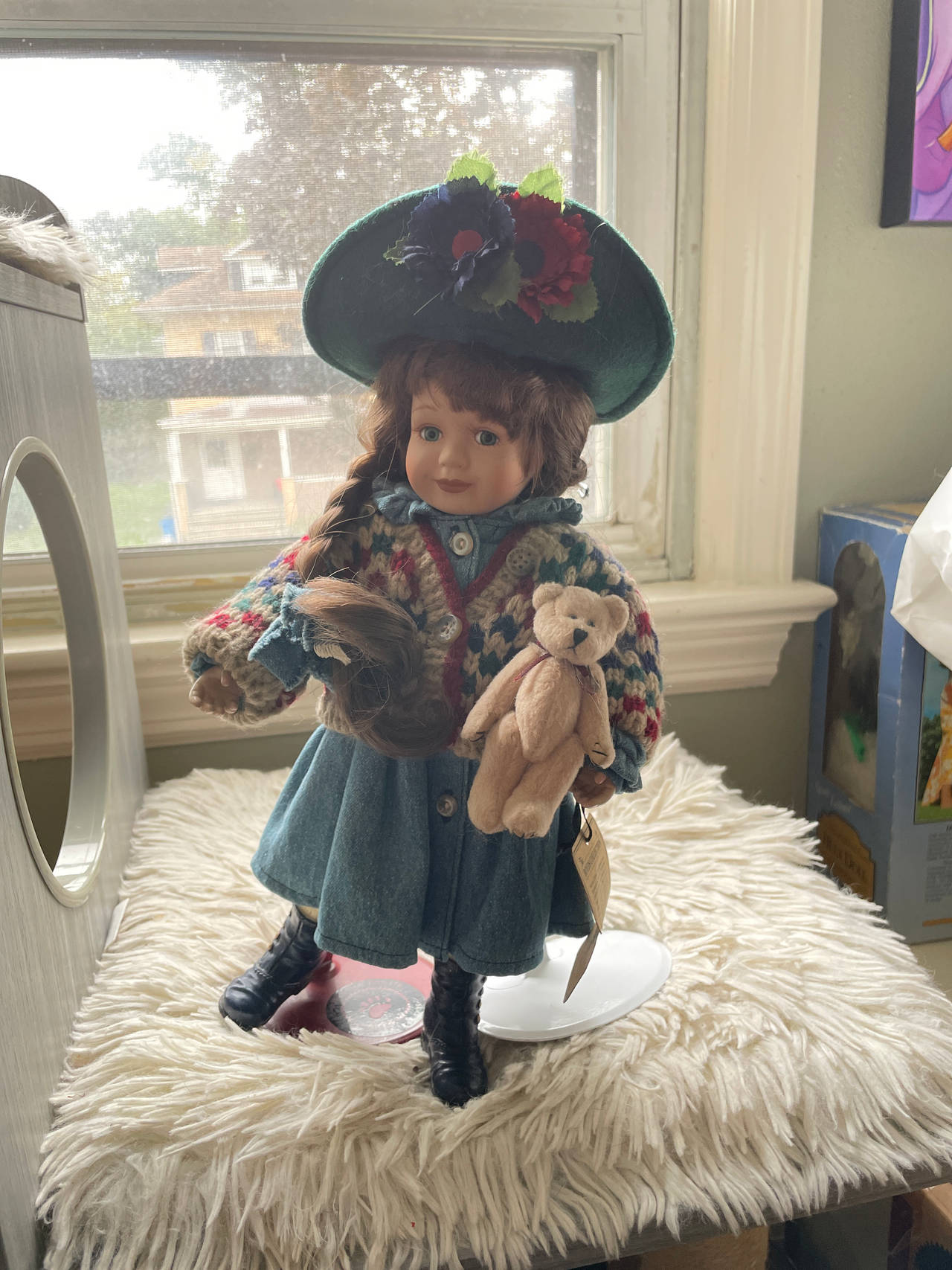 Porcelain Doll with Teddy Bear