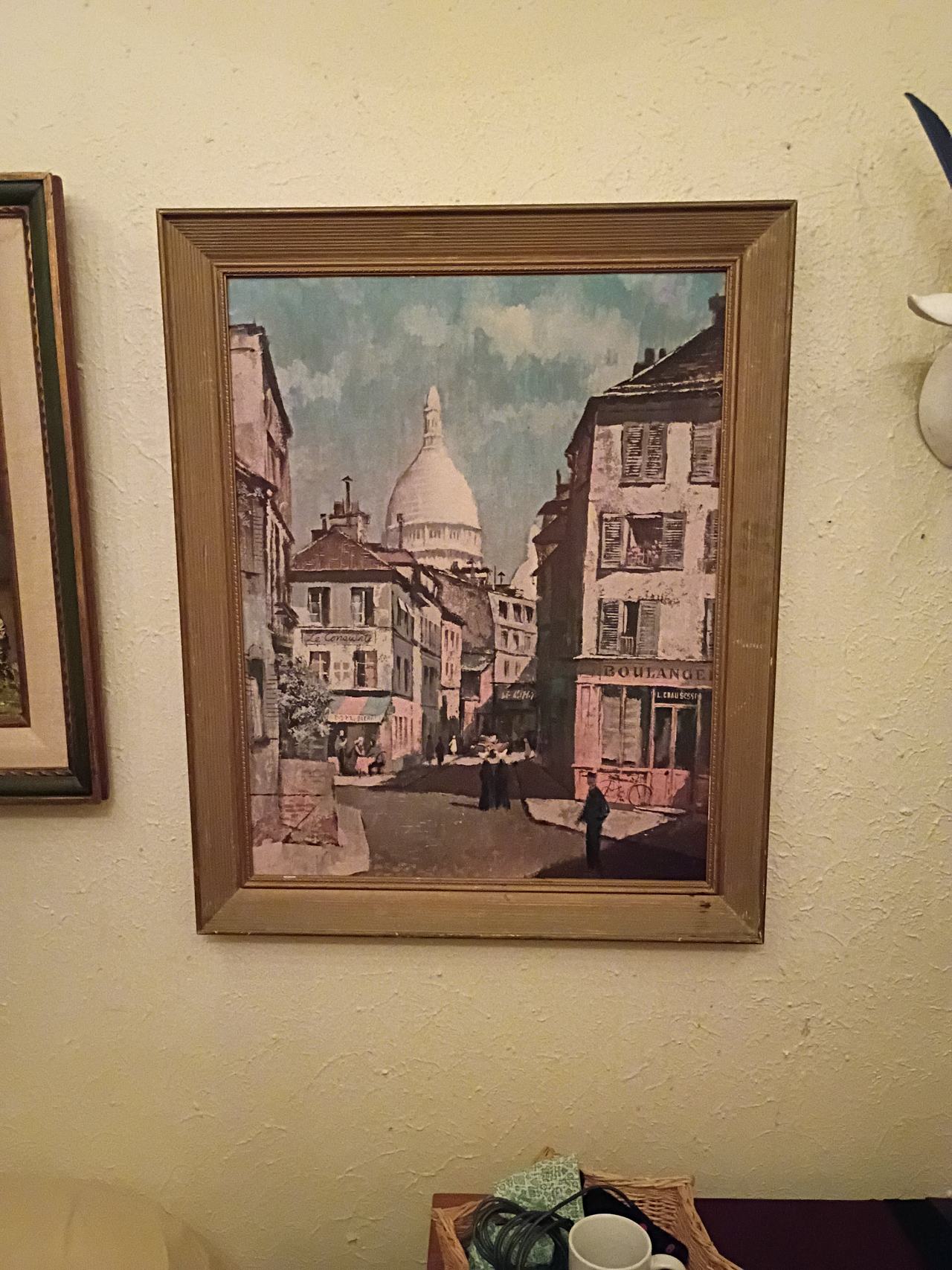 Vintage Framed Paris Street Scene Print with Sacré-Cœur Basilica