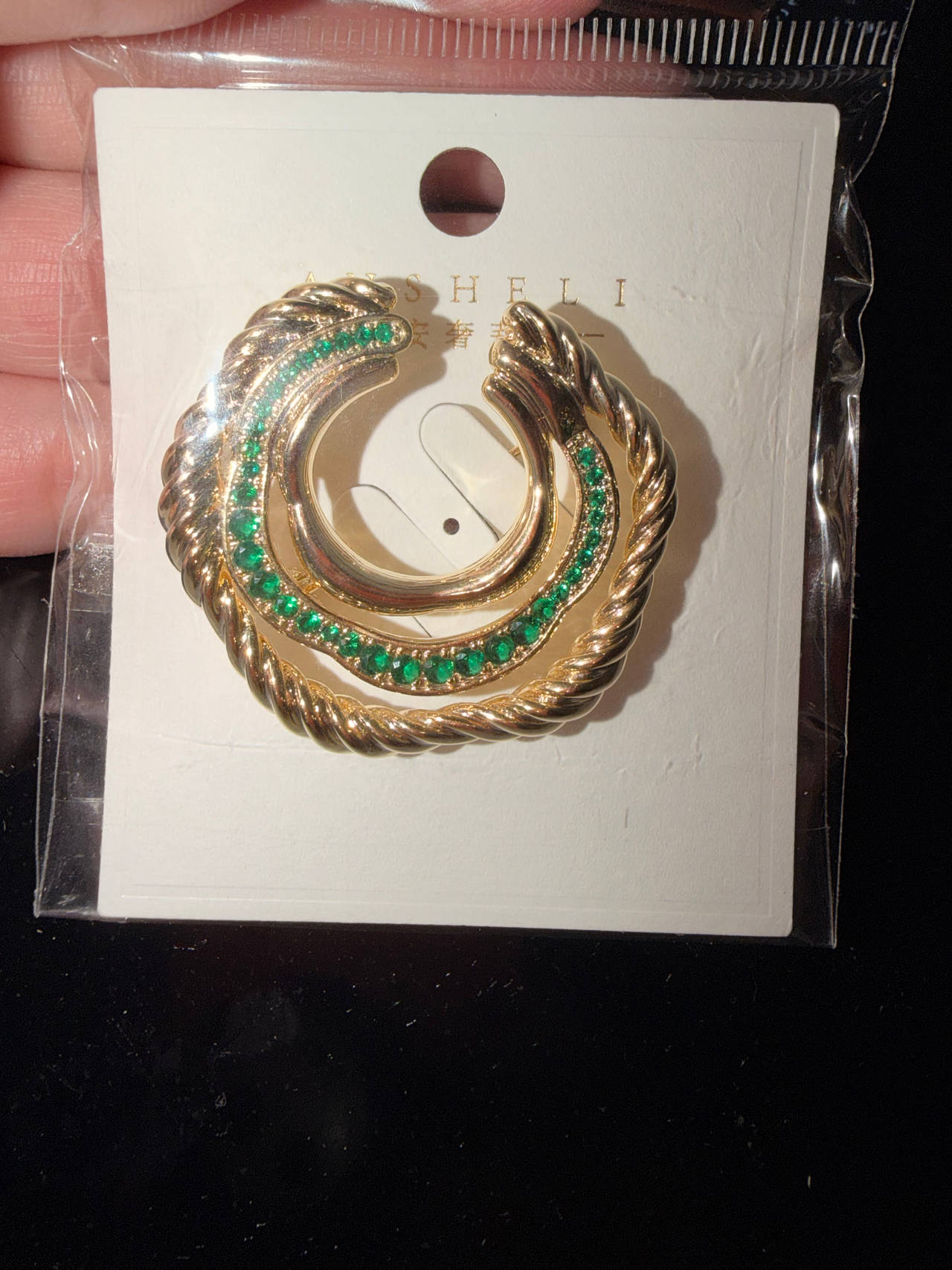 Asheli Twisted Gold and Green Rhinestone Hoop Earrings