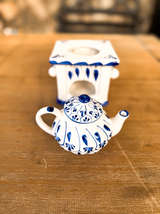 Talavera Blue and White Teapot with Essential Oil Warmer Base - Image 2