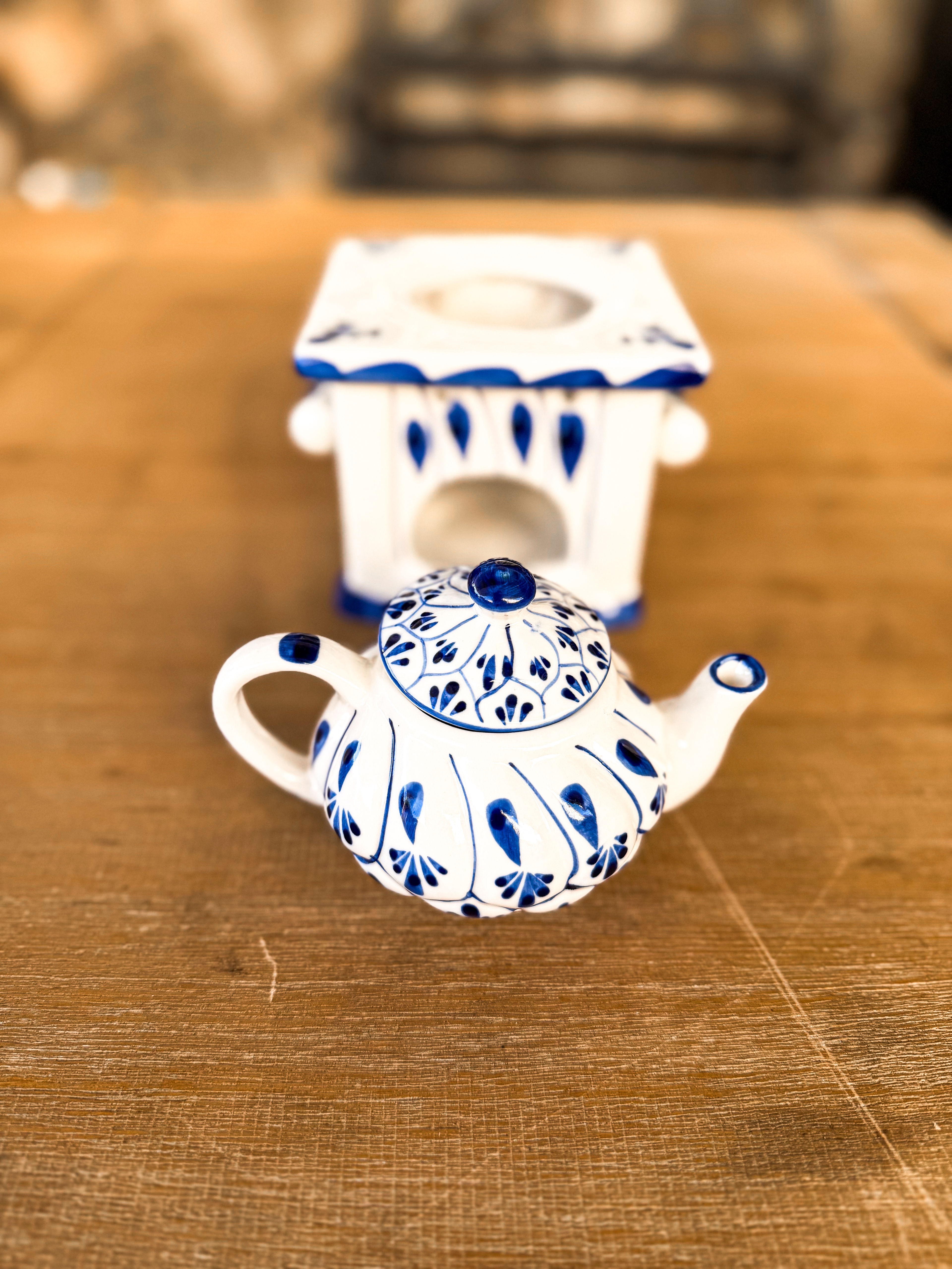 Talavera Blue and White Teapot with Essential Oil Warmer Base - Image 2