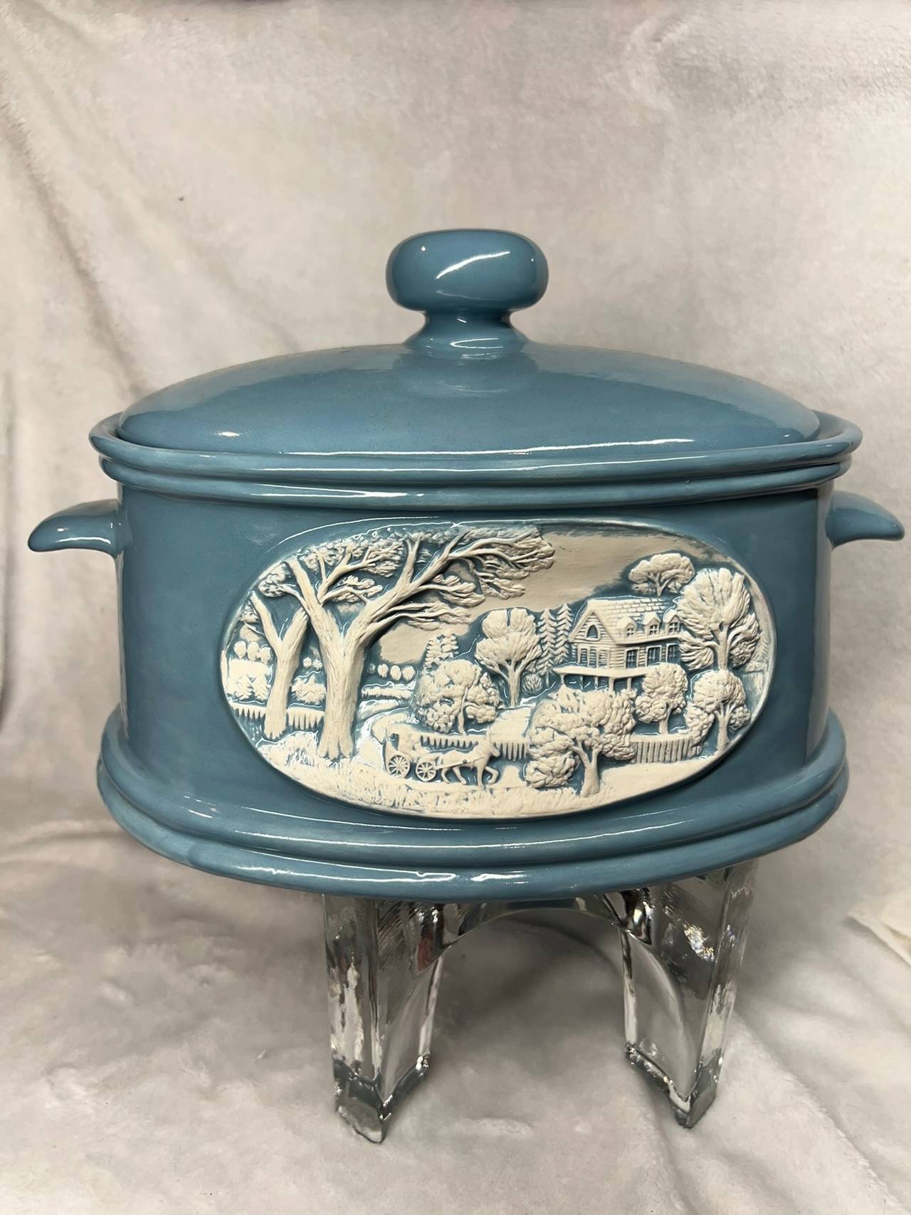 Blue Ceramic Embossed Country Scene Tureen with Lid