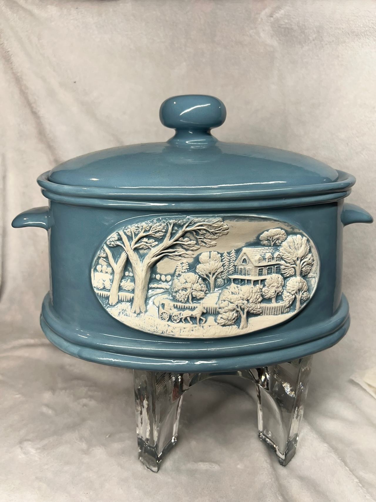 Blue Ceramic Embossed Country Scene Tureen with Lid
