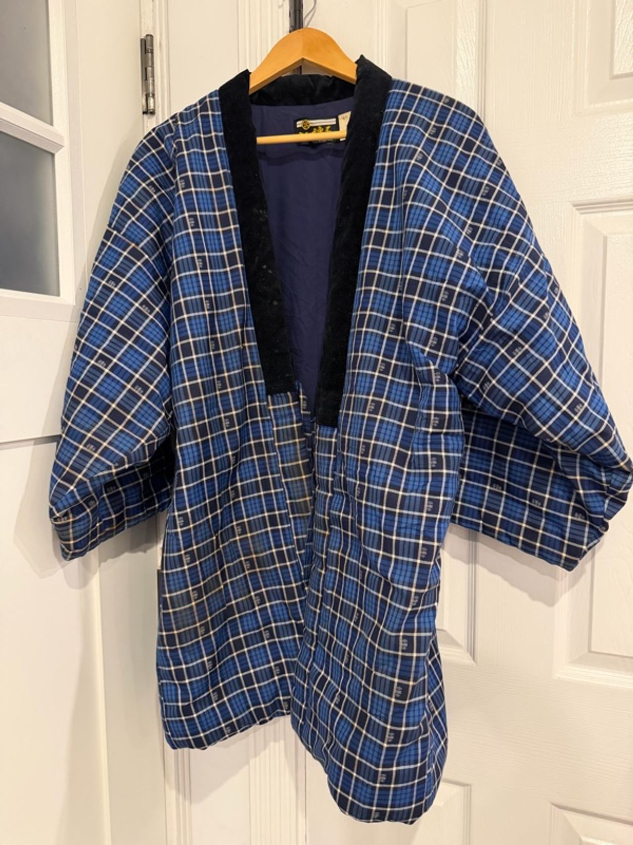 Japanese Hanten Padded Kimono Jacket Blue Check