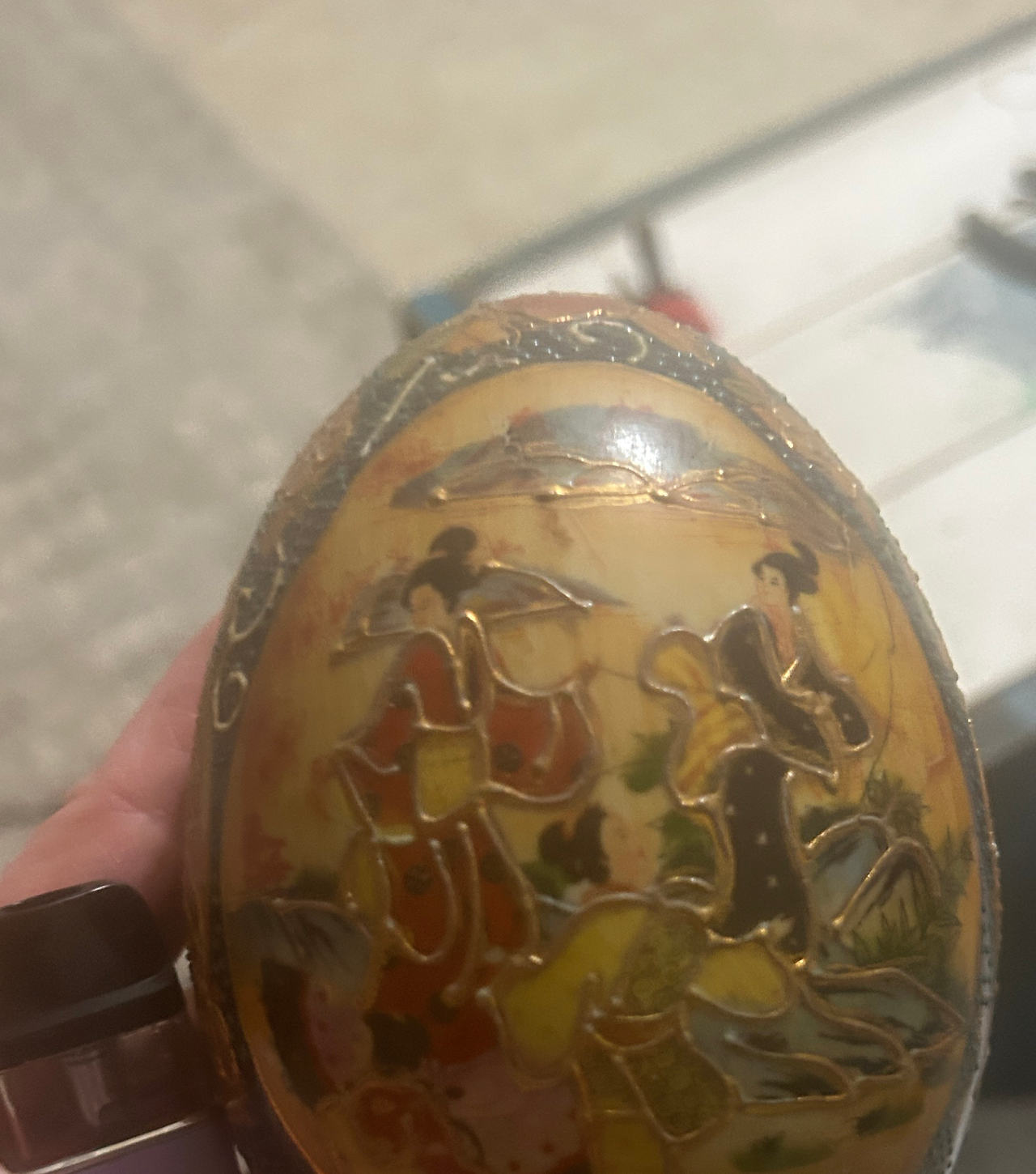 Vintage Satsuma Style Porcelain Egg with Geisha Scene