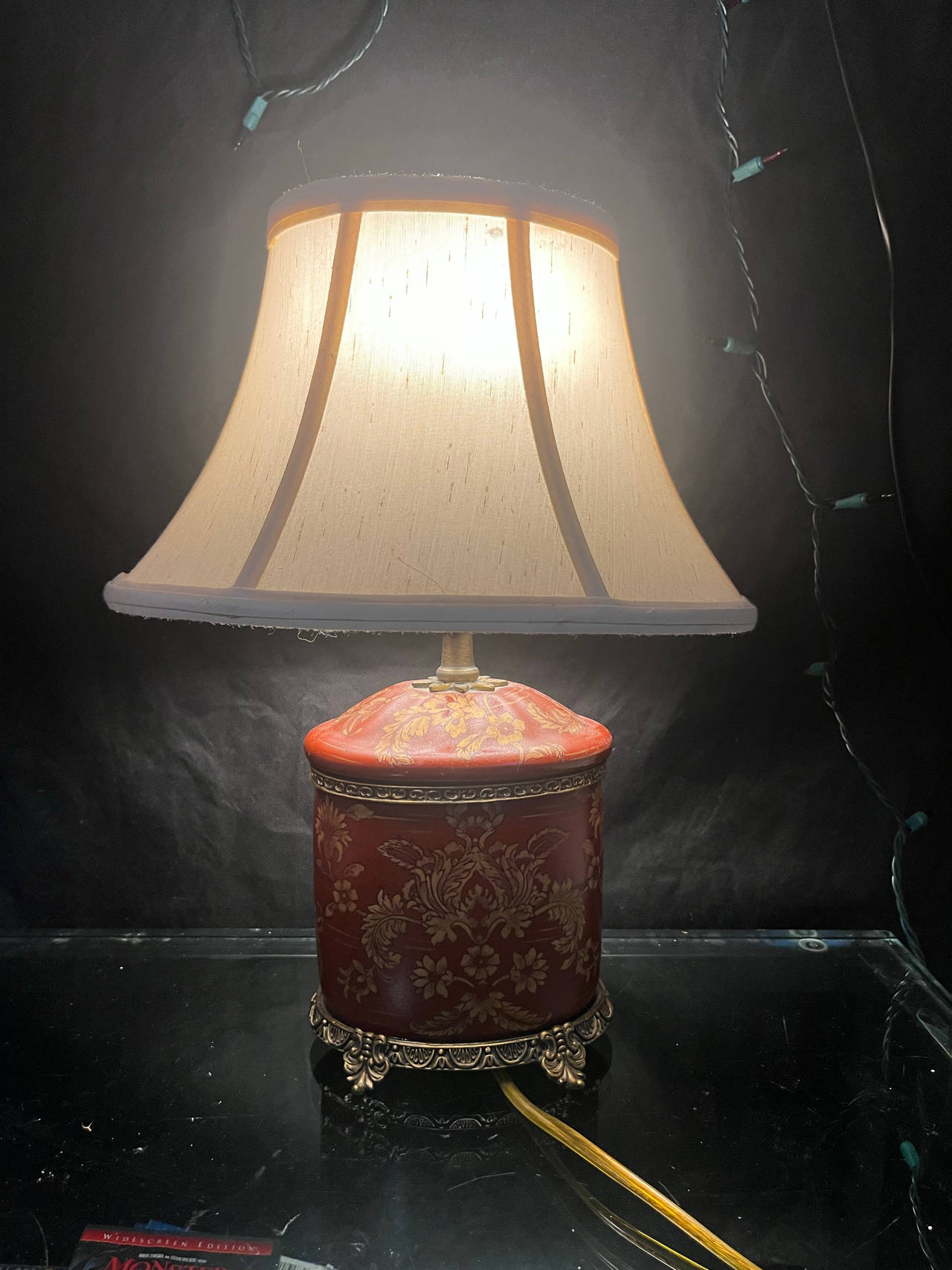 Vintage Late 20th Century Brass and Red Porcelain Tea Canister Lamps With Floral
