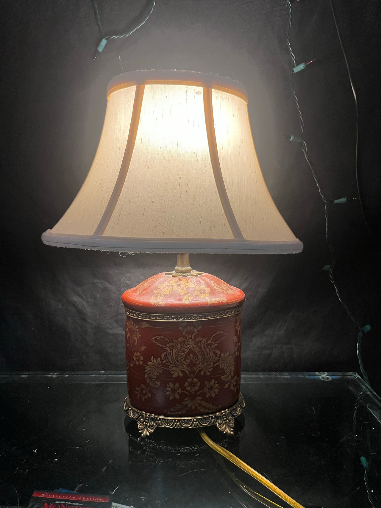 Vintage Late 20th Century Brass and Red Porcelain Tea Canister Lamps With Floral