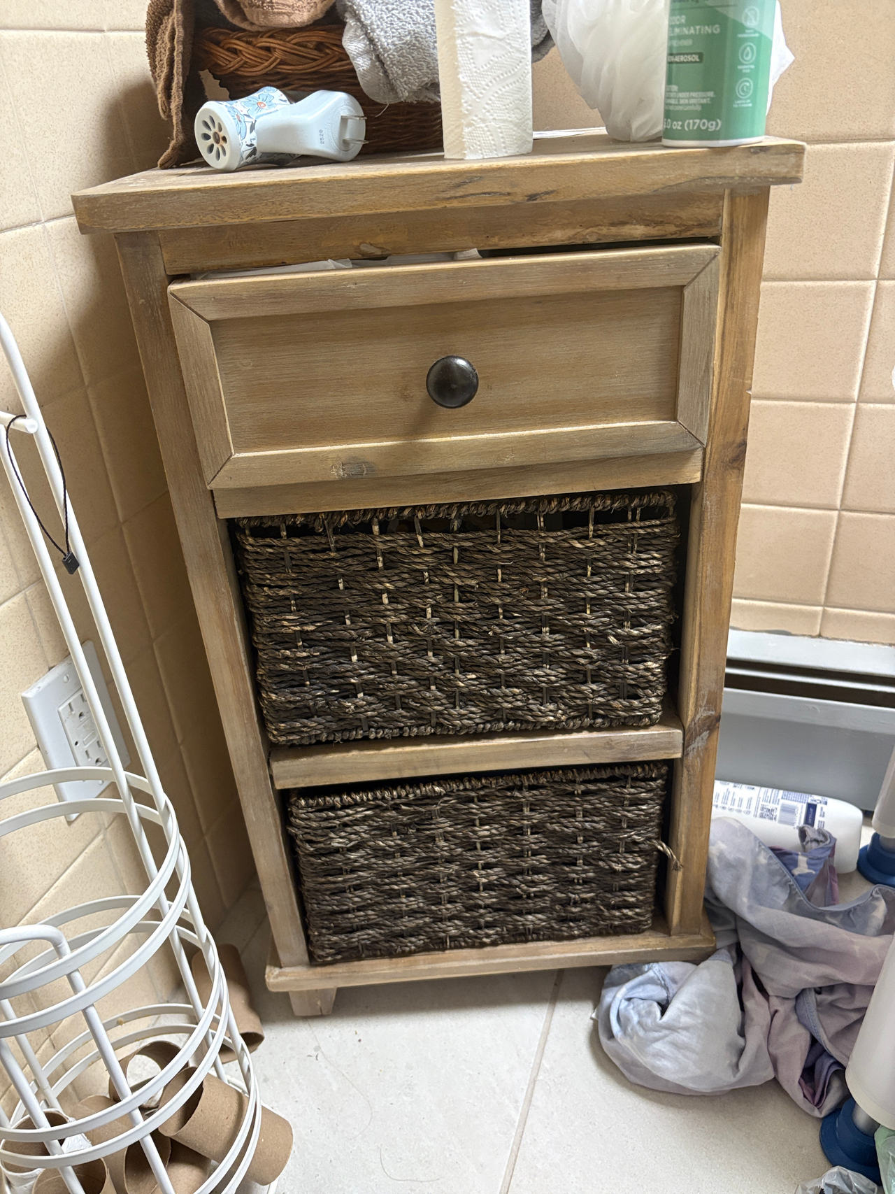 Rustic Wood Storage Cabinet with 2 Woven Baskets