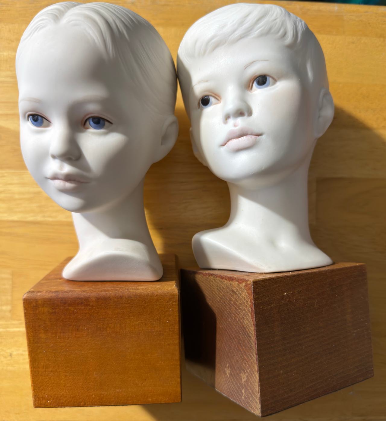 Cybis Porcelain Children Busts Boy Girl Sculpture Set w/ Wood Bases Signed
