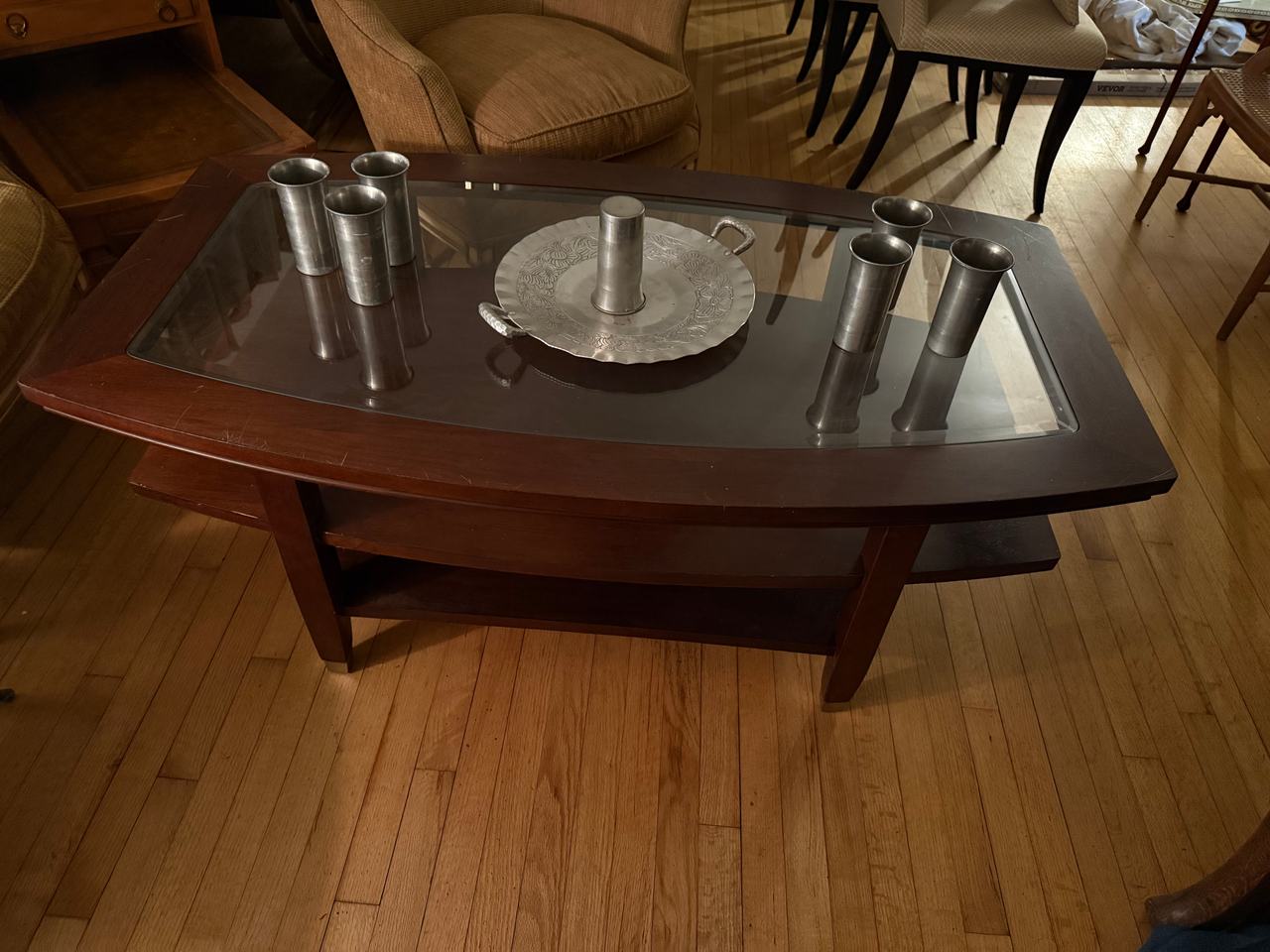 Curved Wood Coffee Table with Glass Top