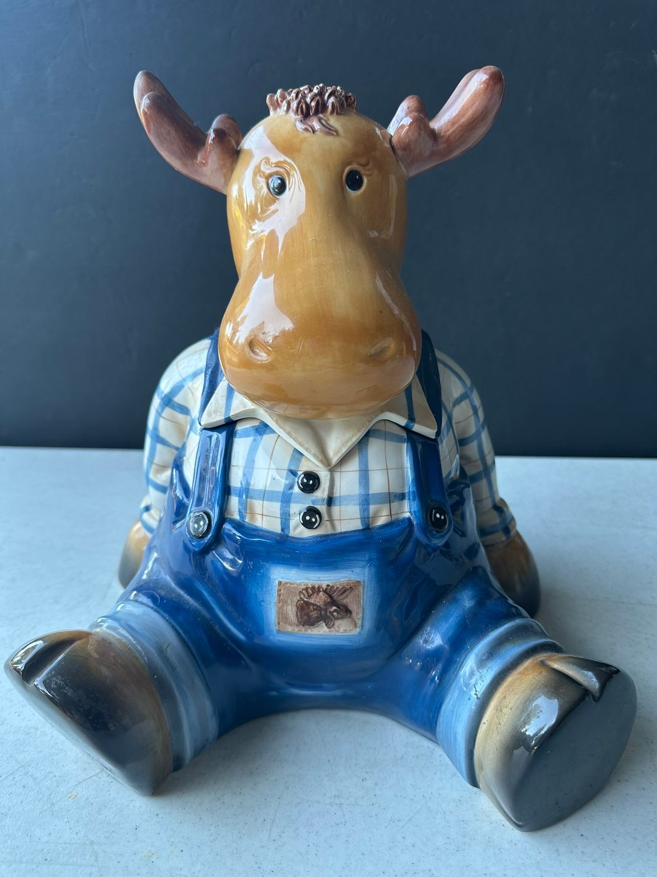 Harry and David Ceramic Cookie Jar Moose in Overalls Canister Rare