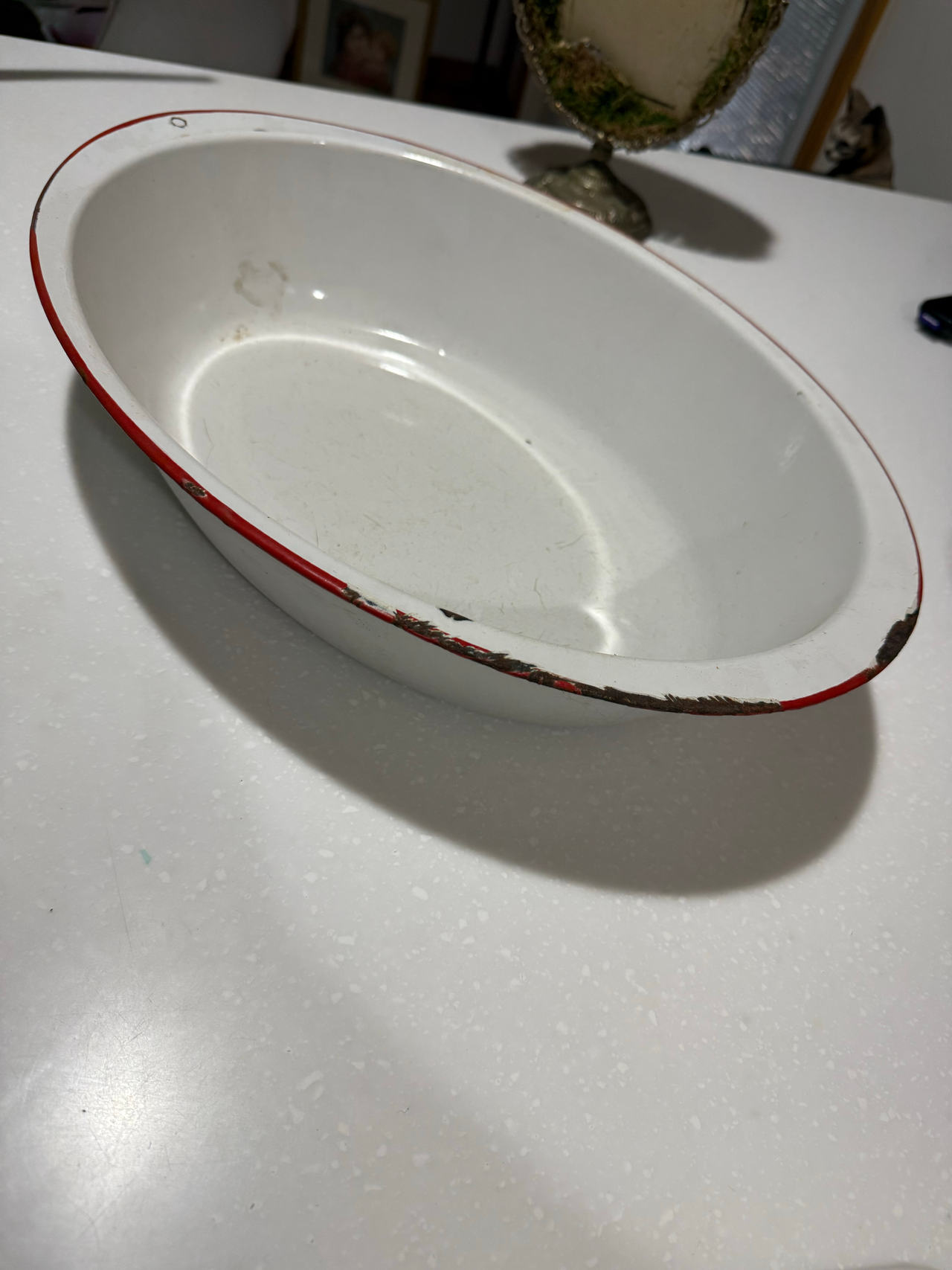 Vintage Enamel Oval Basin White with Red Rim