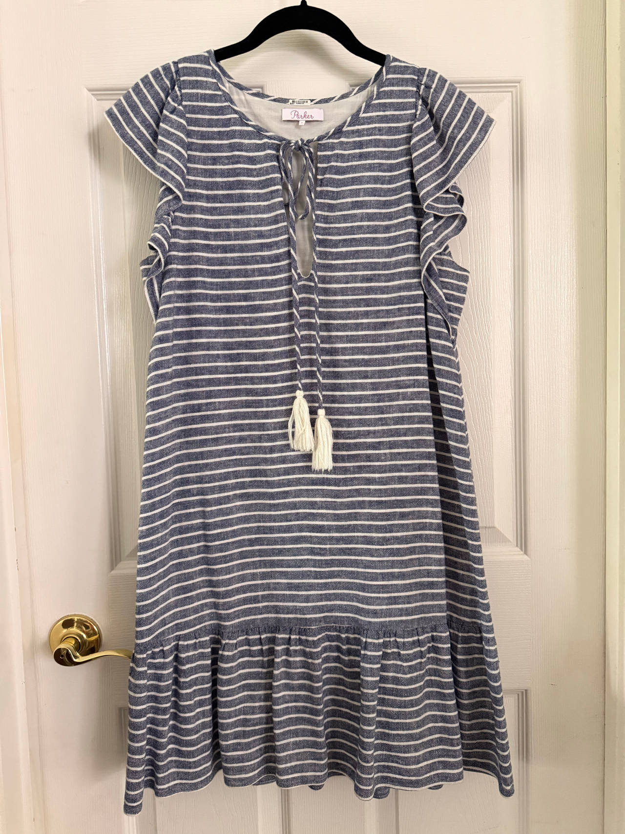 Parker Striped Flutter Sleeve Tassel Dress Size S