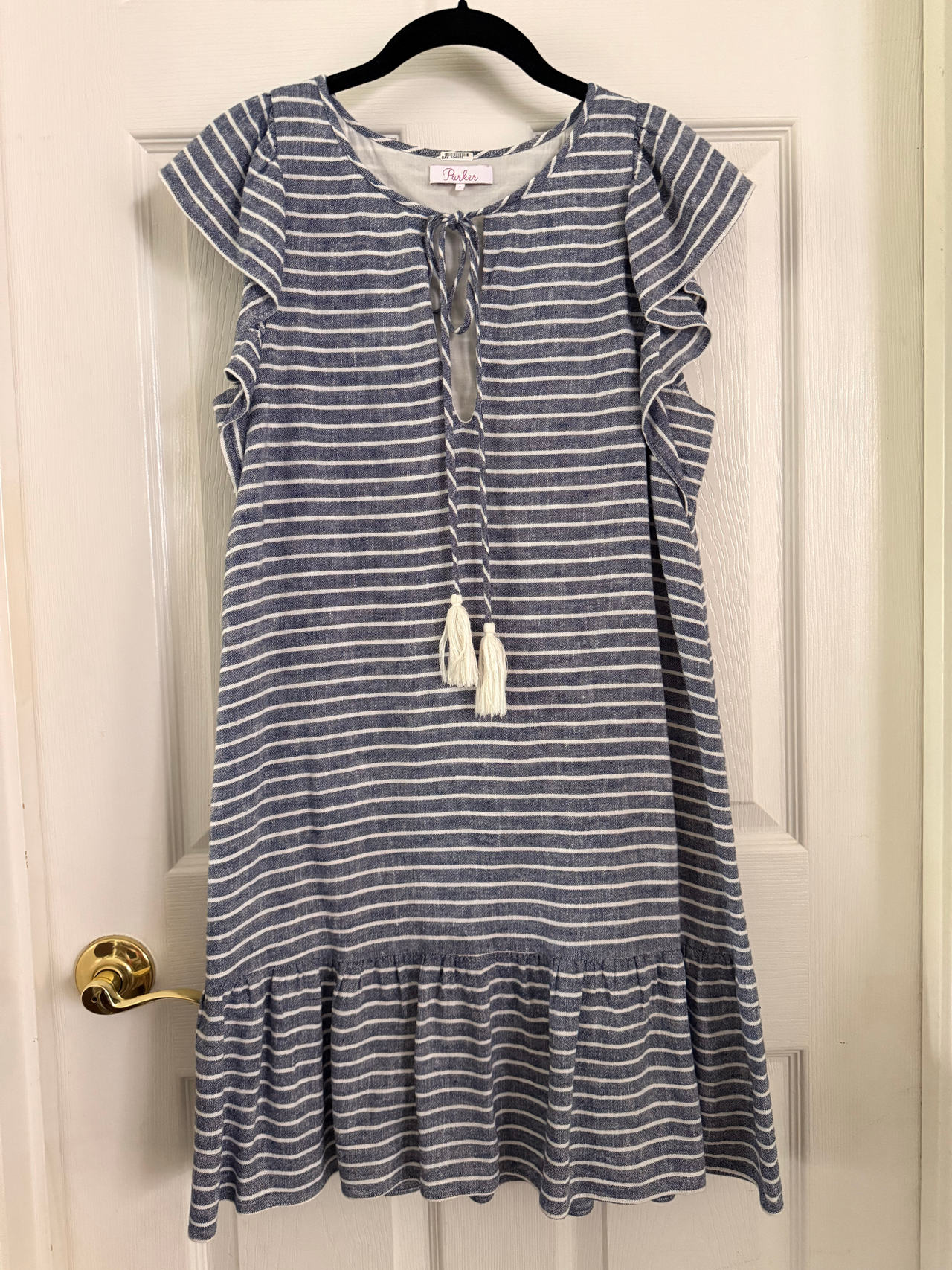 Parker Striped Flutter Sleeve Tassel Dress Size S